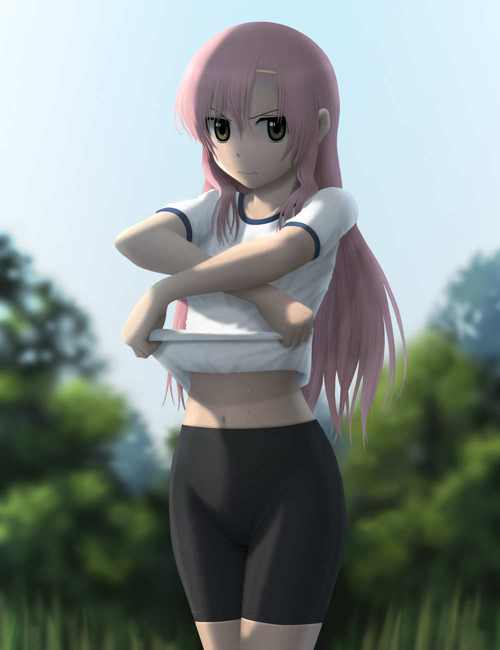 siraha, katsura hinagiku, hayate no gotoku!, bad id, bad pixiv id, highres, 00s, 1girl, bike shorts, brown eyes, clothes lift, female focus, hair held back, long hair, pink hair, shirt lift, solo, sweat, undressing