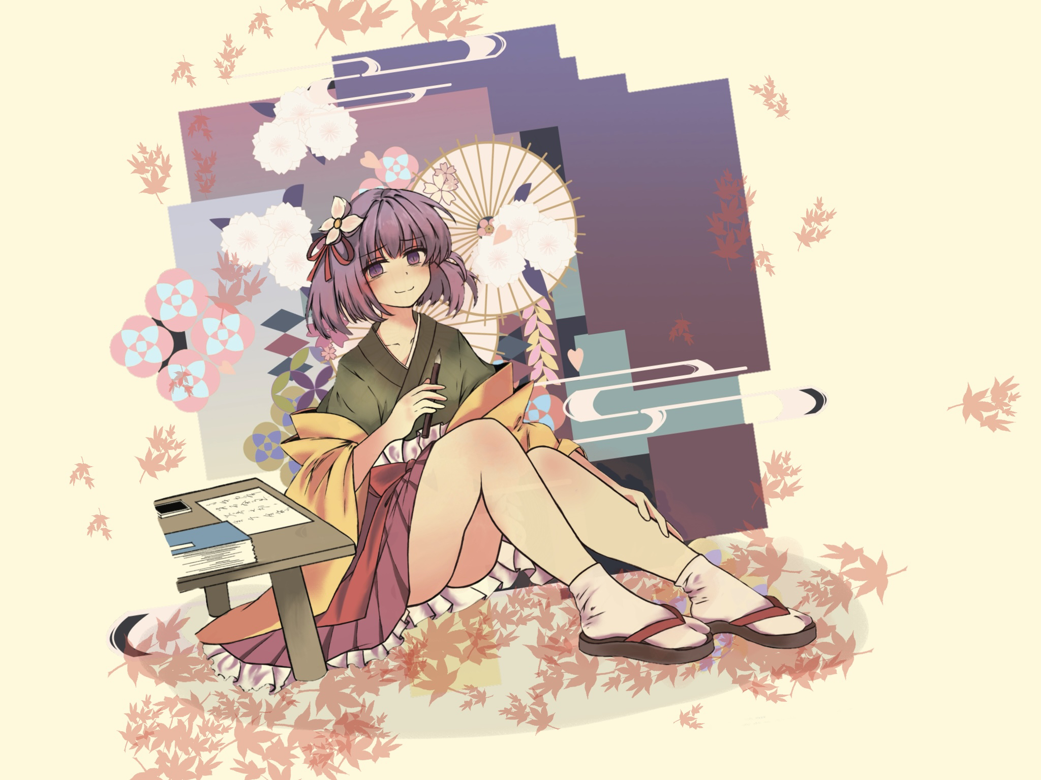 fliex, hieda no akyuu, touhou, commentary request, highres, 1girl, bare legs, full body, looking at viewer, no panties, purple eyes, purple hair, solo, tabi, thighs, white sock