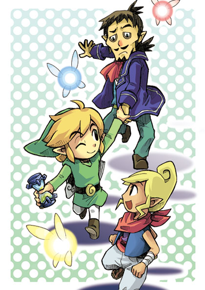 ciela, linebeck, link, tetra, nintendo, the legend of zelda, the legend of zelda: phantom hourglass, the legend of zelda: the wind waker, 1boy, 2girls, beard, black eyes, black hair, blonde hair, facial hair, fairy, green tunic, holding hourglass, hourglass, multiple girls, mustache, neckerchief, one eye closed, pirate, pointy ears, scarf, shield, shield on back, smile, tunic, wink