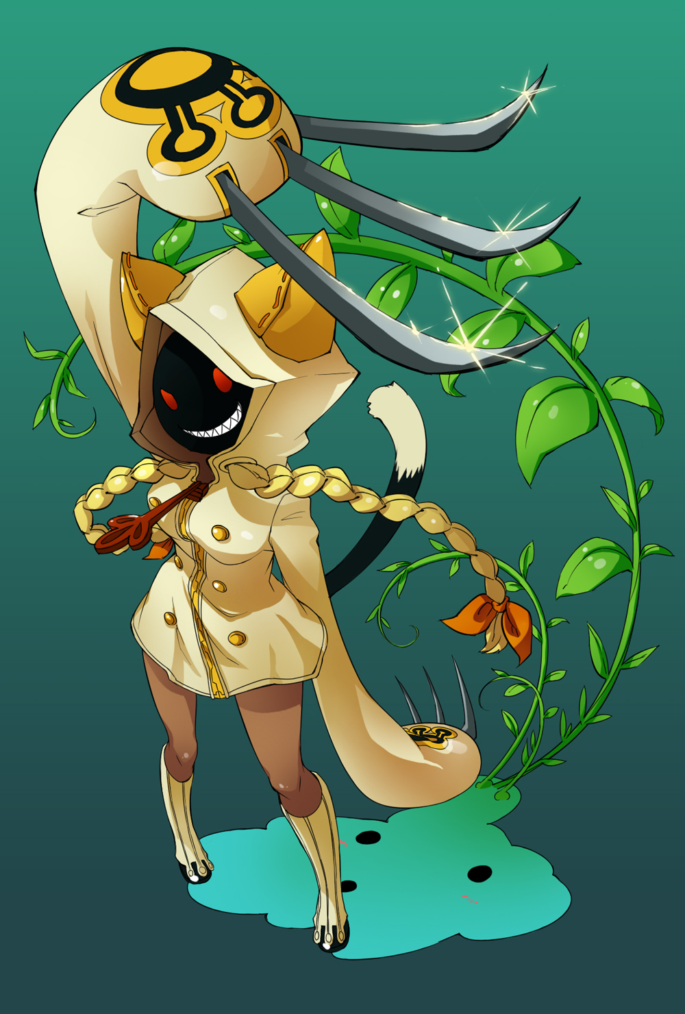 ratsunagina, arakune, taokaka, arc system works, blazblue, blazblue: calamity trigger, highres, 1girl, animal hood, braid, cat hood, claws, grin, hood, red eyes, smile, tail, twin braids