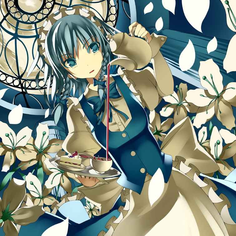 kureha (ironika), izayoi sakuya, kureha, touhou, 1girl, blue eyes, blue hair, braid, cake, colored eyelashes, cup, decantering, dutch angle, eyelashes, female focus, flower, food, hairband, maid, matching hair/eyes, pastry, pouring, short hair, solo, tea, teacup, tray, twin braids