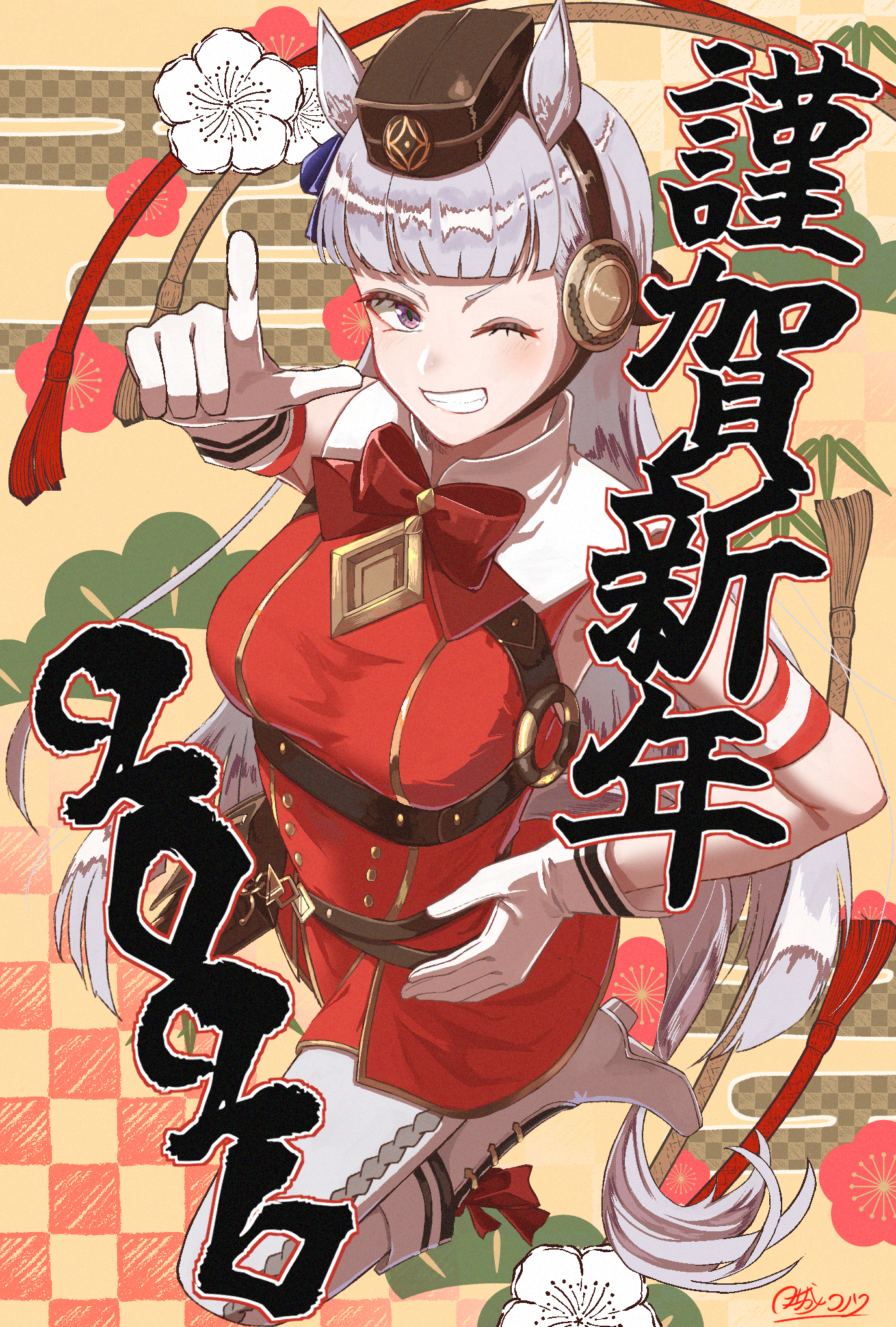 natumemadara1, gold ship (red strife) (umamusume), gold ship (umamusume), umamusume, commentary request, highres, 1girl, animal ears, armband, blunt bangs, blush, boots, bow, bowtie, breasts, brown hat, dress, ear bow, ear ribbon, gloves, grey hair, grin, hat, horse ears, horse girl, horse tail, leggings, long hair, looking at viewer, medium breasts, one eye closed, open mouth, pantyhose, pillbox hat, purple bow, purple eyes, red bow, red bowtie, red dress, sleeveless, sleeveless dress, smile, solo, striped armband, striped clothes, tail, teeth, white boots, white gloves, white leggings, white pantyhose