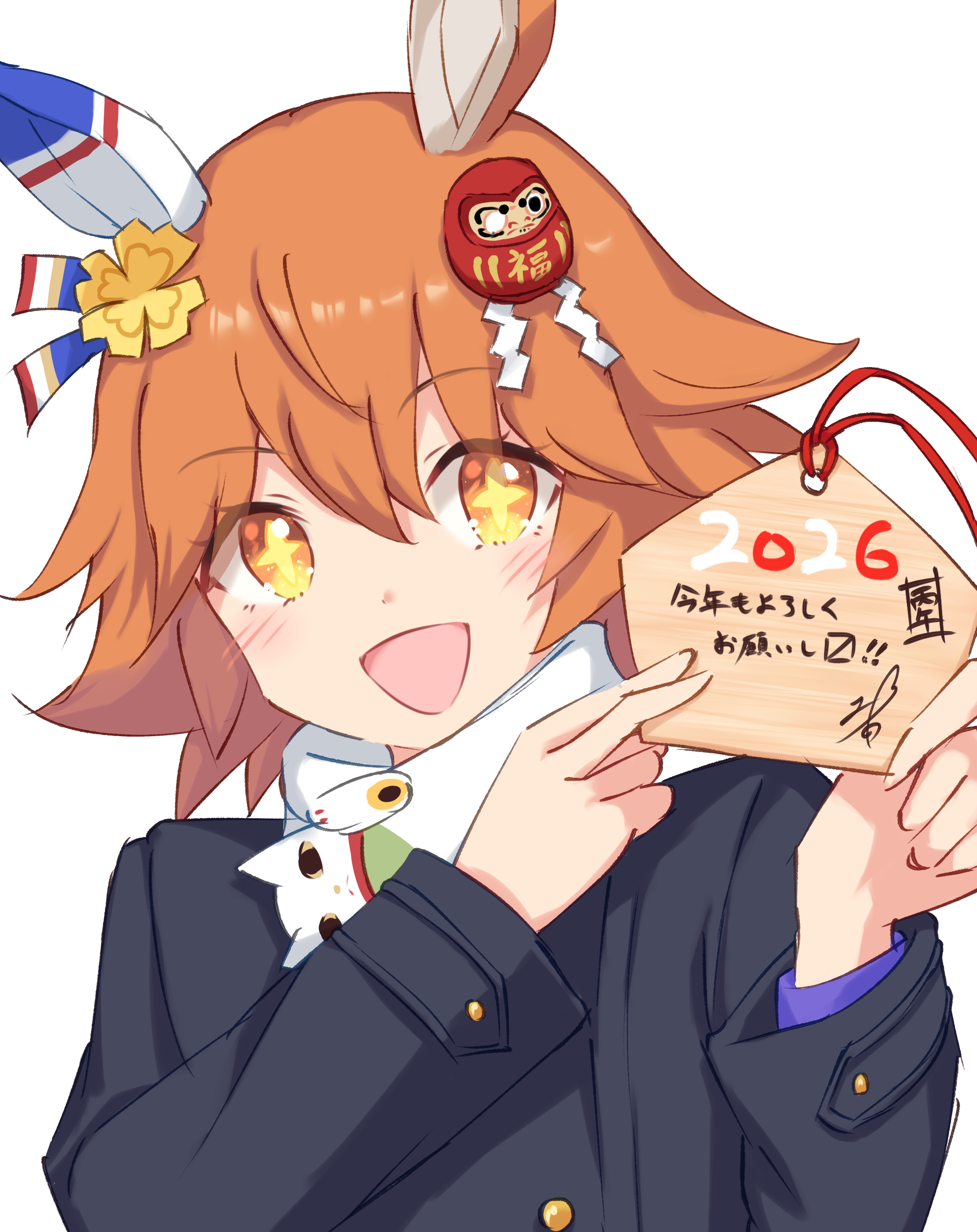 soanote, matikanefukukitaru (umamusume), umamusume, absurdres, commentary request, highres, + +, 1girl, animal ears, black coat, blush, clover hair ornament, coat, daruma doll, daruma doll hair ornament, ear covers, flipped hair, four-leaf clover hair ornament, hair between eyes, hair ornament, holding ema, horse ears, horse girl, looking at viewer, open mouth, orange hair, scarf, school uniform, shirt, short hair, simple background, single ear cover, smile, solo, tracen winter coat, upper body, white background, white scarf, winter clothes, winter coat