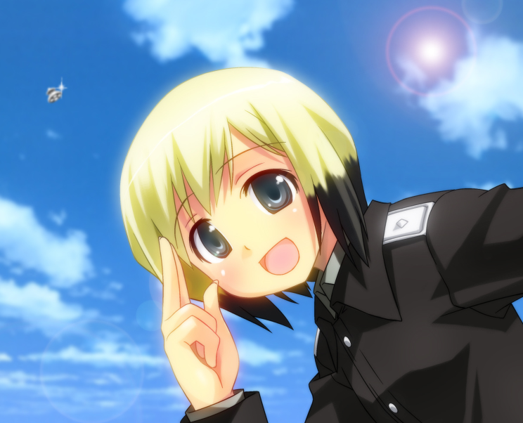 umekichi, erica hartmann, strike witches, world witches series, uniform, bad id, bad pixiv id, 00s, 1girl, blonde hair, cloud, day, female focus, lens flare, multicolored hair, sky, solo, ufo