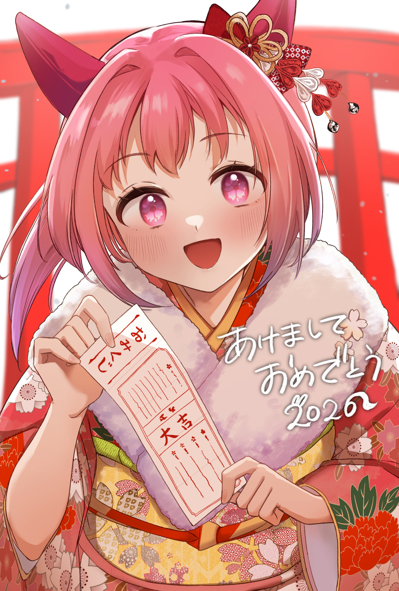 kyawa ii, haru urara (first urara saku sakura) (umamusume), haru urara (umamusume), umamusume, commentary request, highres, 1girl, animal ears, blush, bow, camellia print, ear bow, ear covers, floral print, flower in eye, fur-trimmed kimono, fur trim, holding, holding omikuji, horse ears, horse girl, japanese clothes, kimono, long hair, long sleeves, looking at viewer, obi, official alternate costume, omikuji, open mouth, pink eyes, pink hair, red kimono, sash, smile, solo, symbol in eye, torii