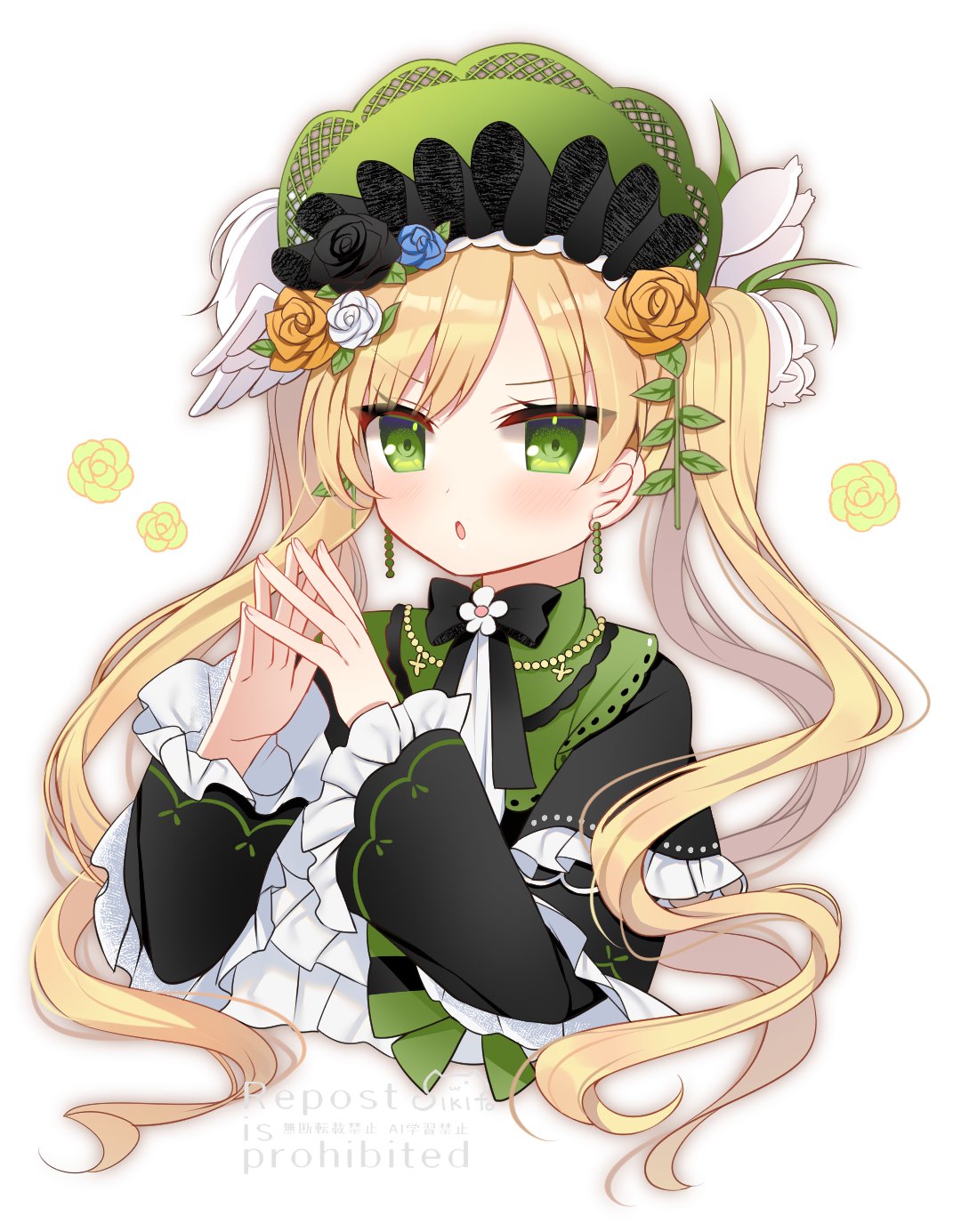 shikito (yawa0w0), tono hanna, mahou shoujo no majo saiban, commentary request, highres, 1girl, :o, black flower, black rose, blonde hair, bonnet, earrings, flower, green bonnet, green eyes, hair flower, hair ornament, hands up, jewelry, lolita fashion, long hair, long sleeves, looking at viewer, neck ribbon, open mouth, ribbon, rose, solo, steepled fingers, twintails, upper body, white background, white flower, white rose, yellow flower, yellow rose