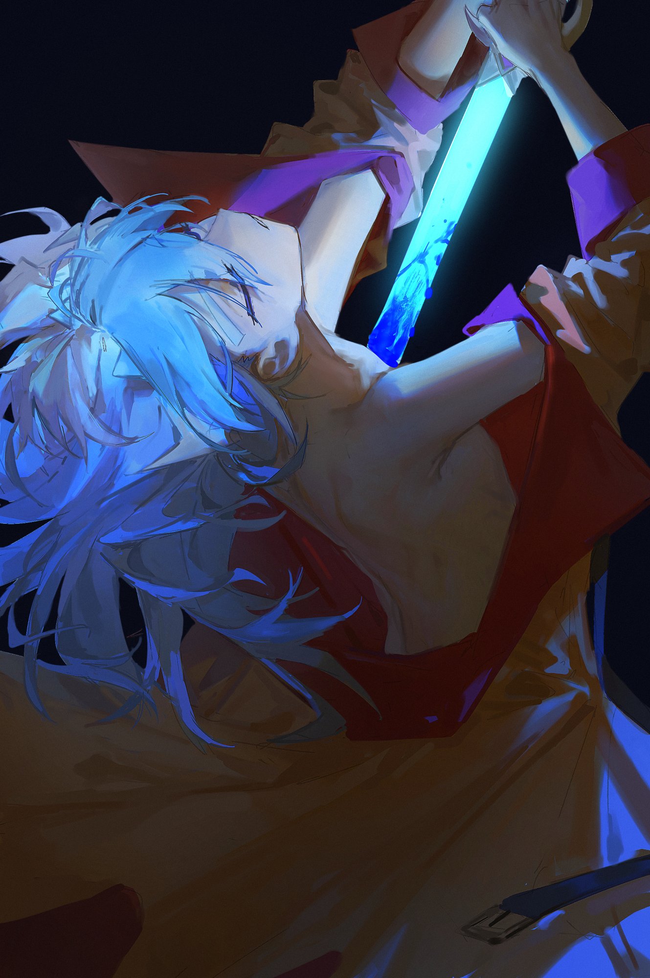 alien 888, yudias velgear, yu-gi-oh!, yu-gi-oh! go rush!!, highres, 1boy, arched back, bare back, bare shoulders, black background, blood, bloody weapon, blue hair, closed eyes, coat, facing away, glowing, glowing sword, glowing weapon, holding, holding sword, holding weapon, impaled, injury, leaning back, male focus, open clothes, open coat, orange coat, partially undressed, self-harm, seppuku, sleeves rolled up, stab, sword, weapon