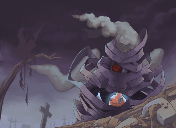 yorujisa yuuto, darkrai, dusclops, rotom, rotom (normal), nintendo, pokemon, pokemon dppt, pokemon rse, costume, 00s, gen 3 pokemon, gen 4 pokemon, graveyard, legendary pokemon, mythical pokemon, no humans, pokemon (creature), tombstone