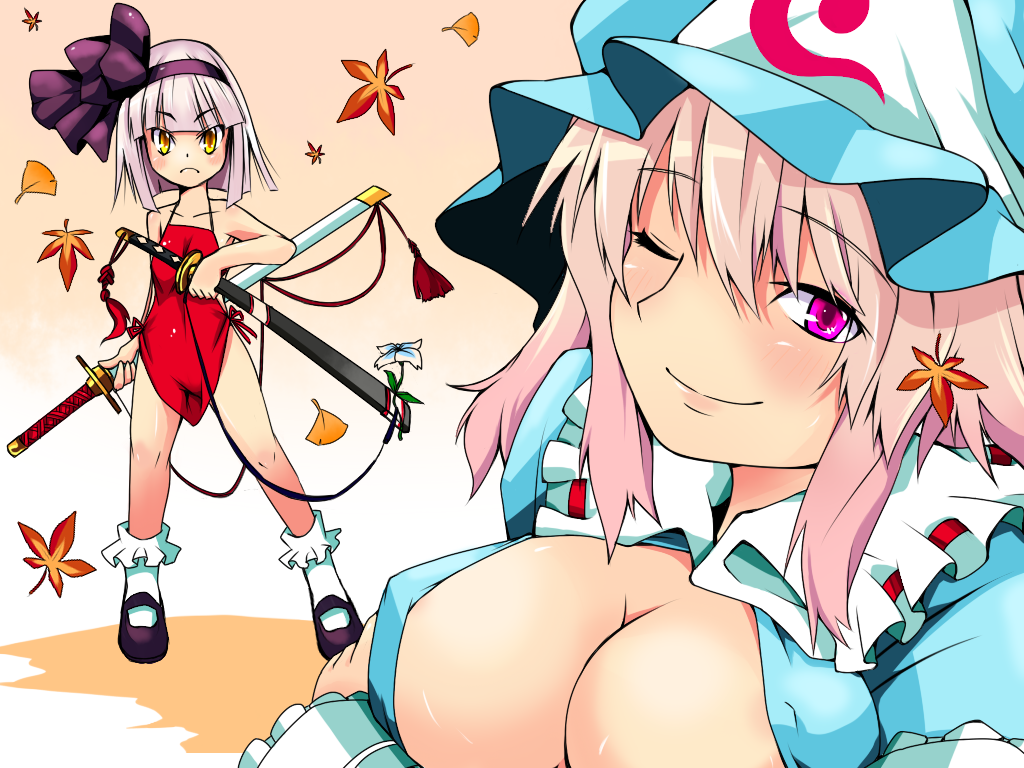 kotomuke fuurin, konpaku youmu, saigyouji yuyuko, touhou, silver hair, bad id, bad pixiv id, 2girls, apron, breasts, cleavage, female focus, hairband, hat, katana, large breasts, leaf, maple leaf, multiple girls, naked apron, pink eyes, pink hair, short hair, sword, weapon, yellow eyes