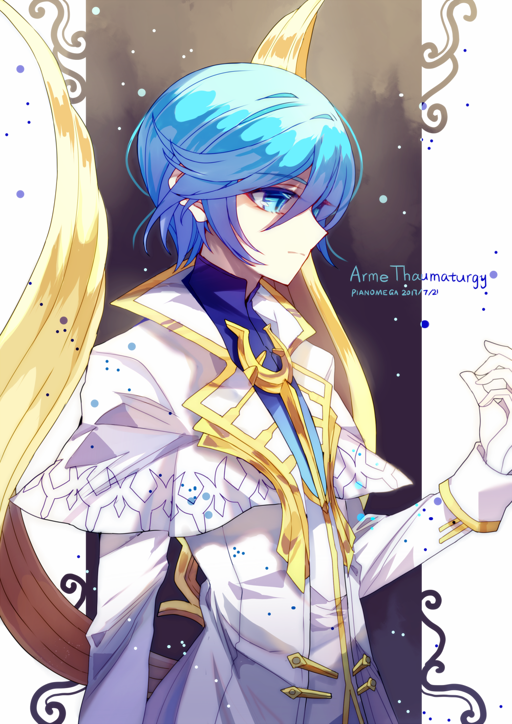 athria, ainchase ishmael, arme thaumaturgy (elsword), elsword, chinese commentary, commentary request, highres, 1boy, artist name, blue eyes, blue hair, character name, closed mouth, coat, cowboy shot, dated, expressionless, frown, gloves, gold trim, hair between eyes, hand up, long sleeves, looking at hand, male focus, pants, short hair, solo, vest, white coat, white gloves, white pants, white vest