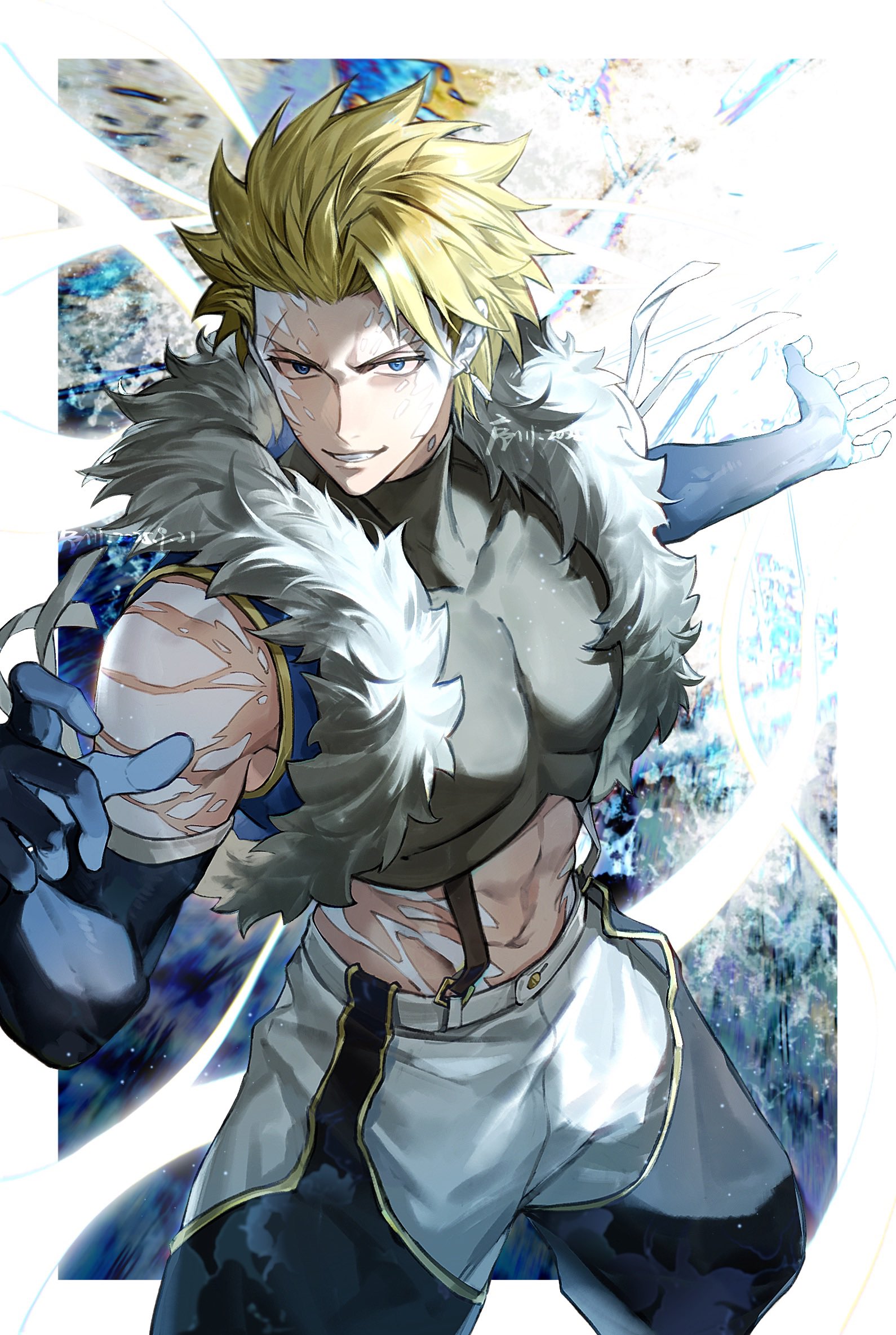 xuchuan, sting eucliffe, fairy tail, commentary, highres, 1boy, artist name, blonde hair, blue eyes, blue jacket, border, covered pectorals, cowboy shot, cropped shirt, dated, earrings, elbow gloves, fur trim, gloves, jacket, jewelry, looking at viewer, male focus, midriff, muscular, muscular male, outside border, parted lips, pectorals, shirt, short hair, solo, spiked hair, suspender pants, turtleneck, turtleneck shirt, white border
