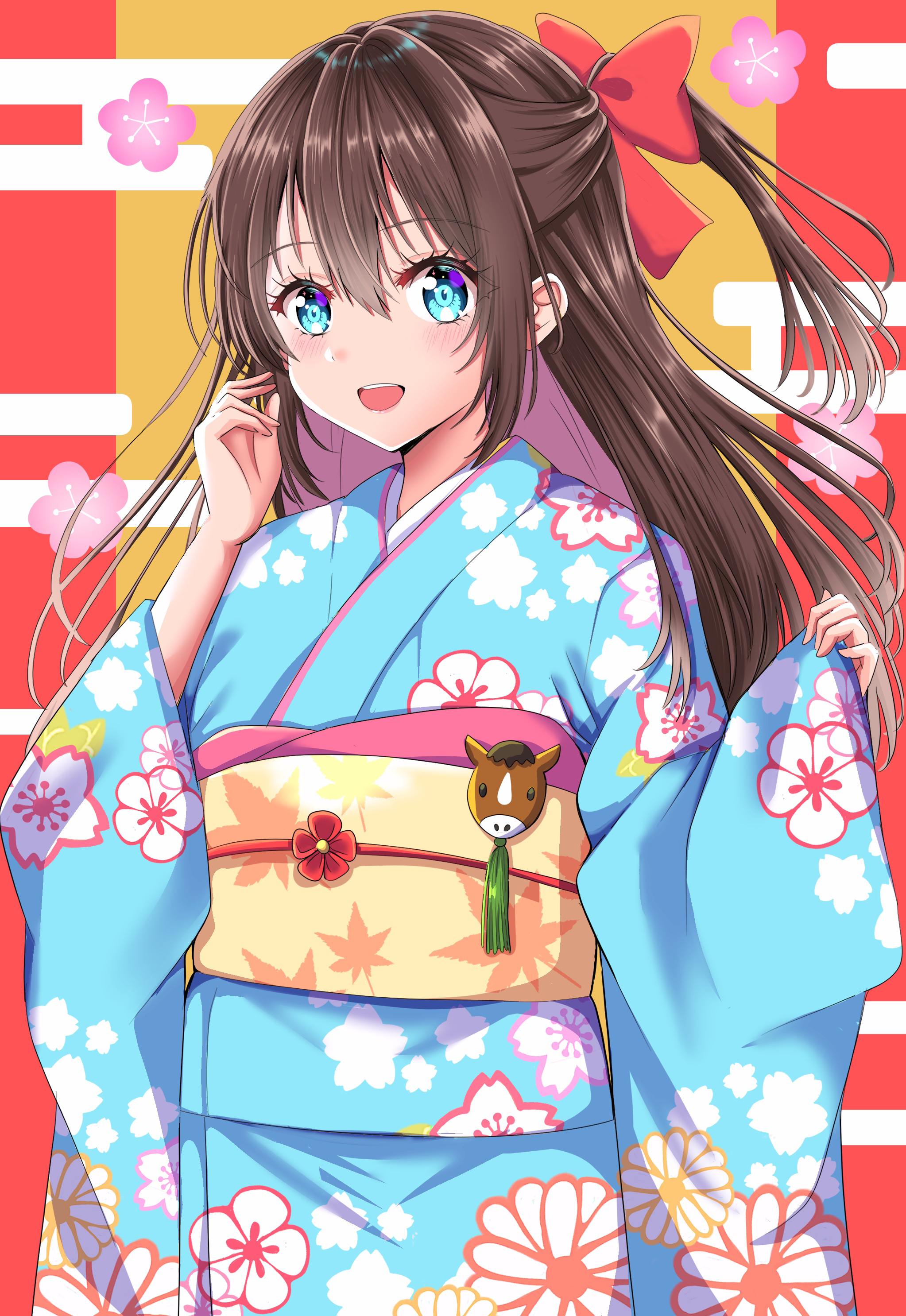 maymaru, osaka shizuku, love live!, love live! nijigasaki high school idol club, absurdres, commentary request, highres, 1girl, :d, blue eyes, blue kimono, blush, bow, brown hair, egasumi, floral print, floral print kimono, hair between eyes, hair bow, half updo, japanese clothes, kimono, long hair, long sleeves, looking at viewer, new year, obi, obiage, obijime, open mouth, ponytail, print kimono, red bow, sash, sidelocks, smile, solo, wide sleeves