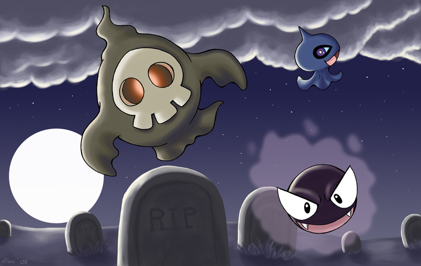 banette, duskull, gastly, shuppet, nintendo, pokemon, gen 1 pokemon, gen 3 pokemon, graveyard, moon, no humans, pokemon (creature)