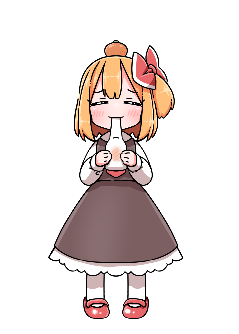 roco (katsuya1011), rumia, touhou, commentary request, highres, textless version, 1girl, black skirt, black vest, blonde hair, blush, bow, closed eyes, collared shirt, eating, facing viewer, food, food on head, frilled skirt, frills, fruit, fruit on head, full body, hair bow, holding, holding food, long sleeves, mandarin orange, mary janes, medium hair, mochi, object on head, pantyhose, red bow, red shoes, shirt, shoes, simple background, skirt, solo, vest, white background, white pantyhose, white shirt