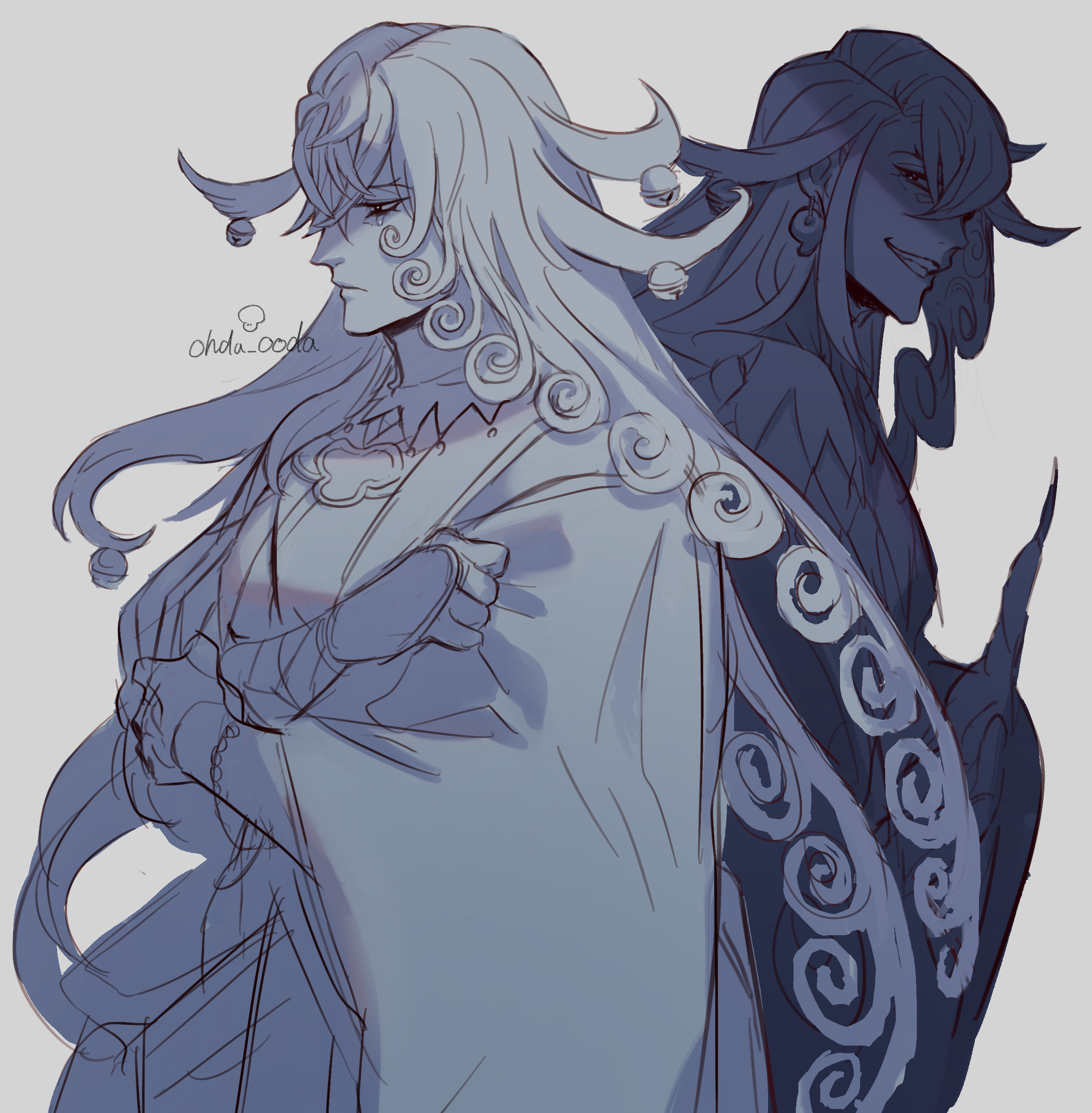 saida (ohda ooda), ashiya douman (fate), fate/grand order, fate (series), absurdres, commentary request, highres, 1boy, bell, closed mouth, dual persona, earrings, fingernails, grin, hair bell, hair between eyes, hair ornament, japanese clothes, jewelry, long hair, magatama, magatama earrings, male focus, monochrome, sharp fingernails, simple background, smile, tears, twitter username, very long hair, wide sleeves