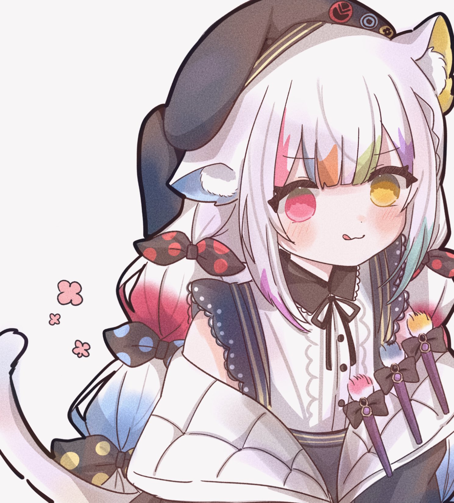 jogasaki noah, mahou shoujo no majo saiban, commentary, highres, symbol-only commentary, 1girl, :q, animal ear fluff, animal ears, beret, black jacket, bow, cat ears, cat girl, cat tail, collared shirt, hat, heterochromia, jacket, kemonomimi mode, long hair, long sleeves, looking at viewer, multi-tied hair, multicolored hair, myua (wan wan 00xx), neck ribbon, off shoulder, pink eyes, polka dot, polka dot bow, ribbon, shirt, smile, solo, streaked hair, tail, tongue, tongue out, upper body, white hair, white shirt, yellow eyes