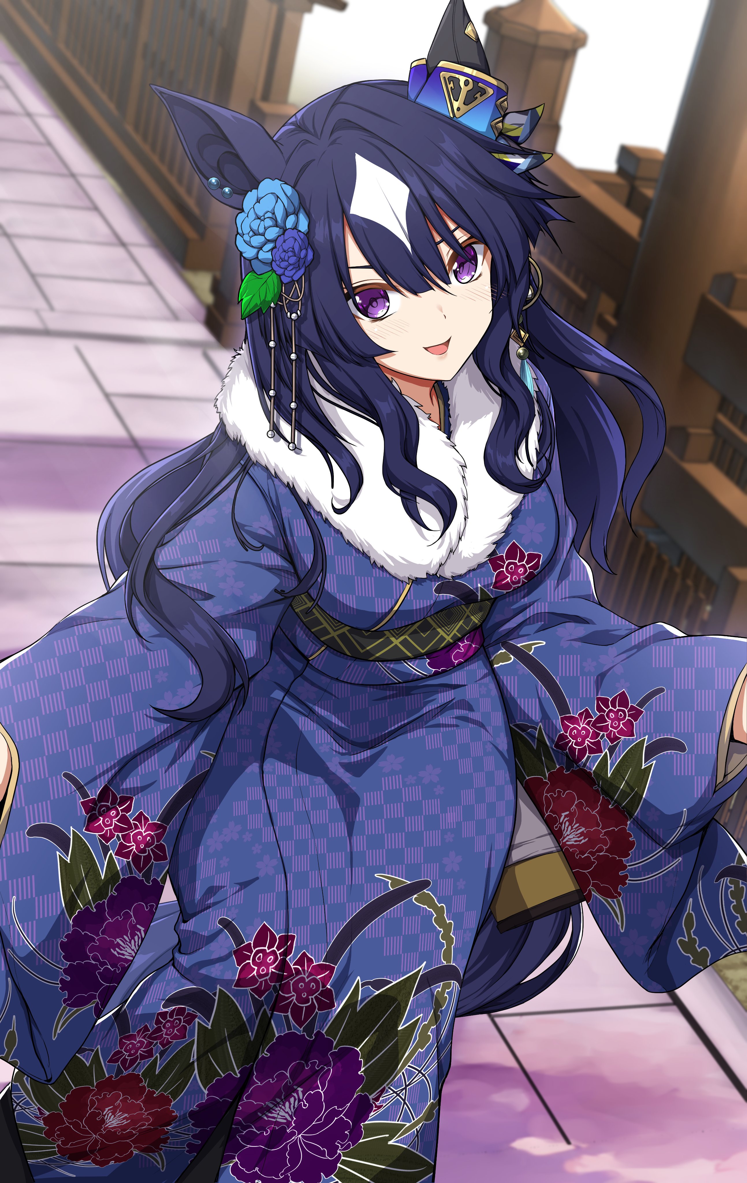 sheita, verxina (umamusume), umamusume, absurdres, highres, 1girl, animal ears, blue hair, blue kimono, breasts, ear covers, ear ornament, floral print, floral print kimono, flower, hair between eyes, hair flower, hair ornament, horse ears, horse girl, horse tail, japanese clothes, kimono, large breasts, long hair, long sleeves, looking at viewer, multicolored hair, open mouth, print kimono, purple eyes, single ear cover, smile, solo, tail