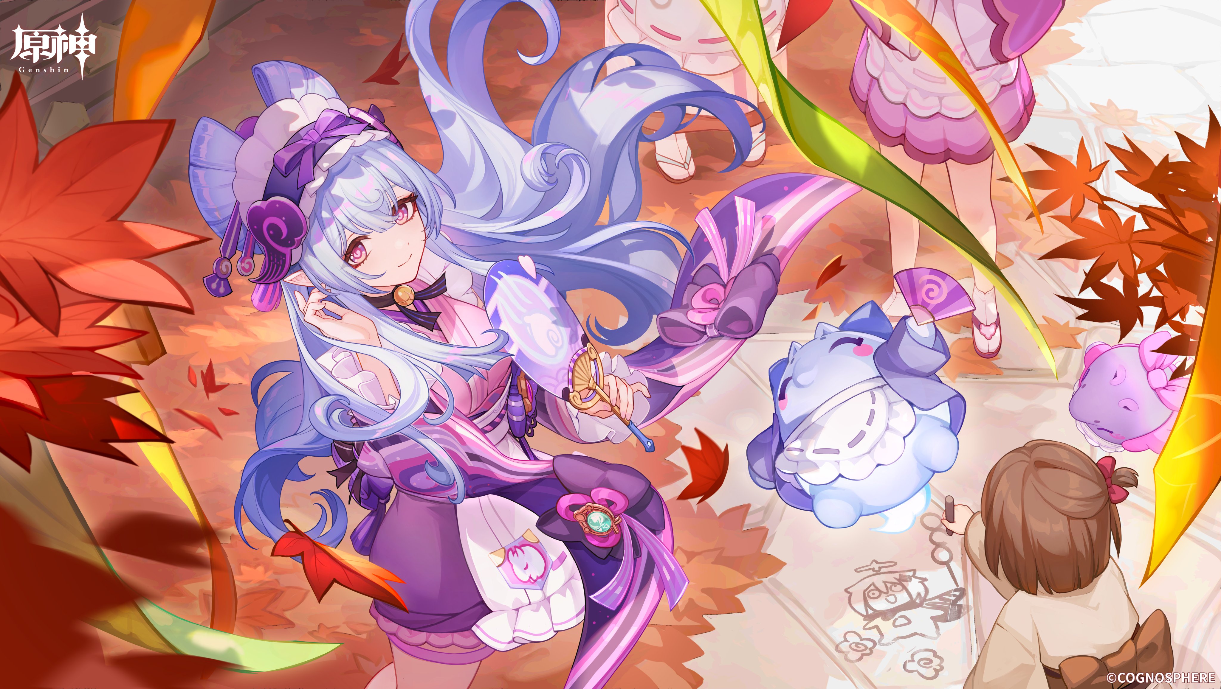 hyakujitsuhaku shion, paimon (genshin impact), shiba murasaki, yumemizuki mizuki, genshin impact, absurdres, commentary request, highres, official art, 4girls, anemo symbol (genshin impact), animal ears, autumn leaves, baku (creature), blue hair, closed mouth, copyright logo, copyright name, drawing (action), falling leaves, floating hair, from above, hand fan, hand up, headdress, holding, holding fan, japanese clothes, kimono, leaf, logo, long hair, long sleeves, looking at viewer, multiple girls, nihongami, out of frame, outdoors, pink kimono, pointy ears, purple eyes, sandals, smile, standing, tabi, tapir ears, tapir girl, very long hair, vision (genshin impact), zouri