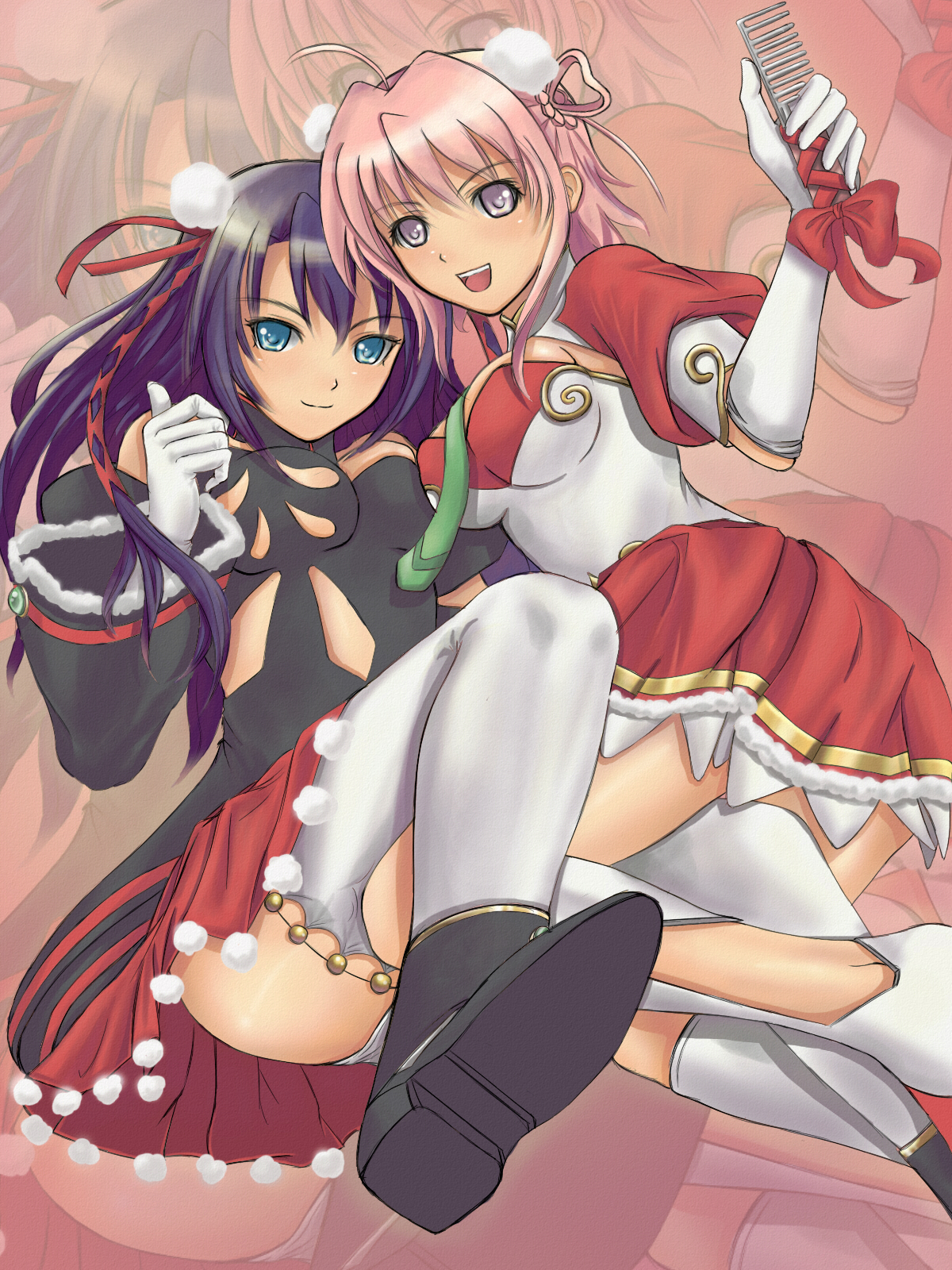 sola (artist), sola (sola04), ascoeur, q-feuille, kiddy girl-and, kiddy grade, bad id, bad pixiv id, highres, 00s, 2girls, comb, hair ribbon, multiple girls, panties, pink hair, purple hair, ribbon, thighhighs, underwear, zoom layer