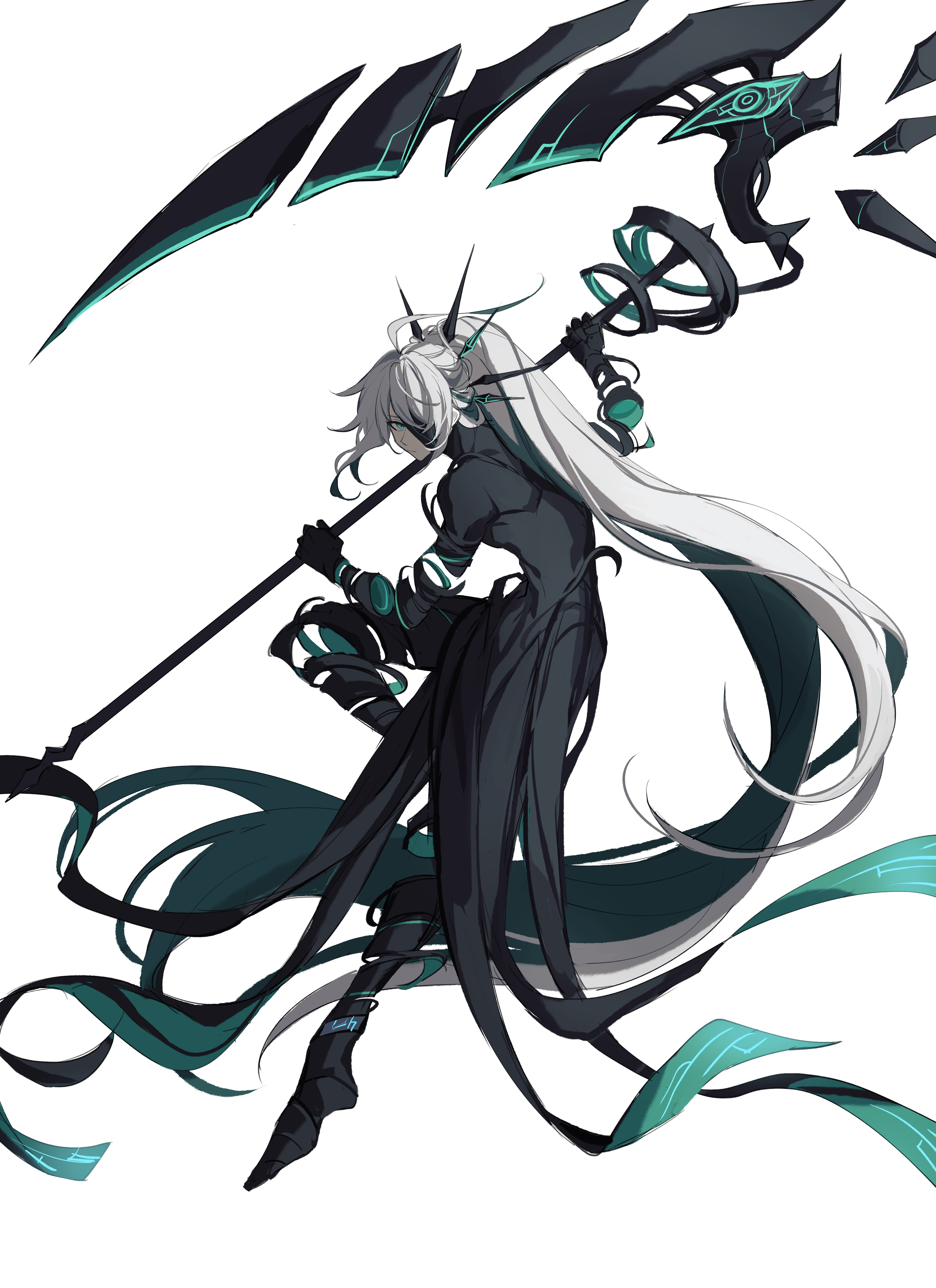 yingu494, ainchase ishmael, herrscher (elsword), elsword, absurdres, chinese commentary, commentary request, highres, 1boy, absurdly long hair, ahoge, black robe, closed mouth, colored inner hair, expressionless, eyepatch, full body, green eyes, grey hair, hair over one eye, high ponytail, holding, holding scythe, holding weapon, hollow body, long hair, looking at viewer, male focus, multicolored hair, ponytail, ringed eyes, robe, scythe, simple background, solo, unraveling, very long hair, weapon, white background