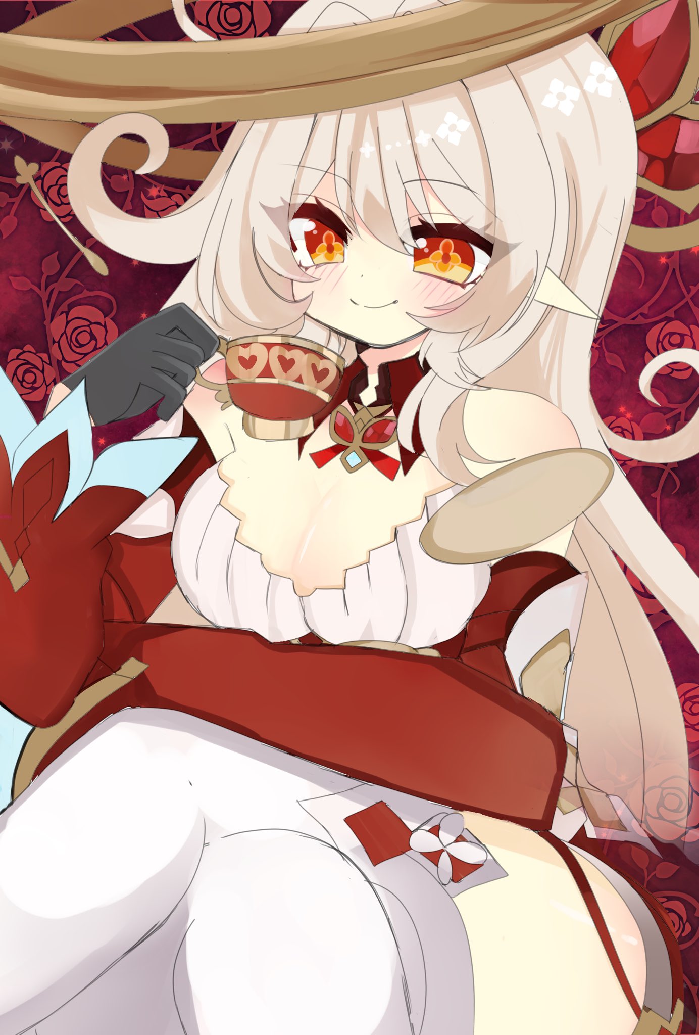 alice (genshin impact), genshin impact, blonde hair, breasts, cleavage, cup, elf, gloves, hair ornament, large breasts, long hair, orange eyes, pointy ears, teacup, thick thighs, thighhighs, thighs