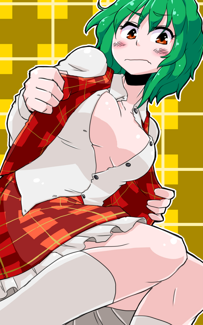 aono3, kazami yuuka, touhou, 1girl, blush, breasts, cleavage, embarrassed, female focus, frown, green hair, kneehighs, medium breasts, no bra, open clothes, open shirt, patterned background, plaid clothes, plaid skirt, plaid vest, red eyes, shirt, short hair, skirt, skirt set, socks, solo, vest, white socks