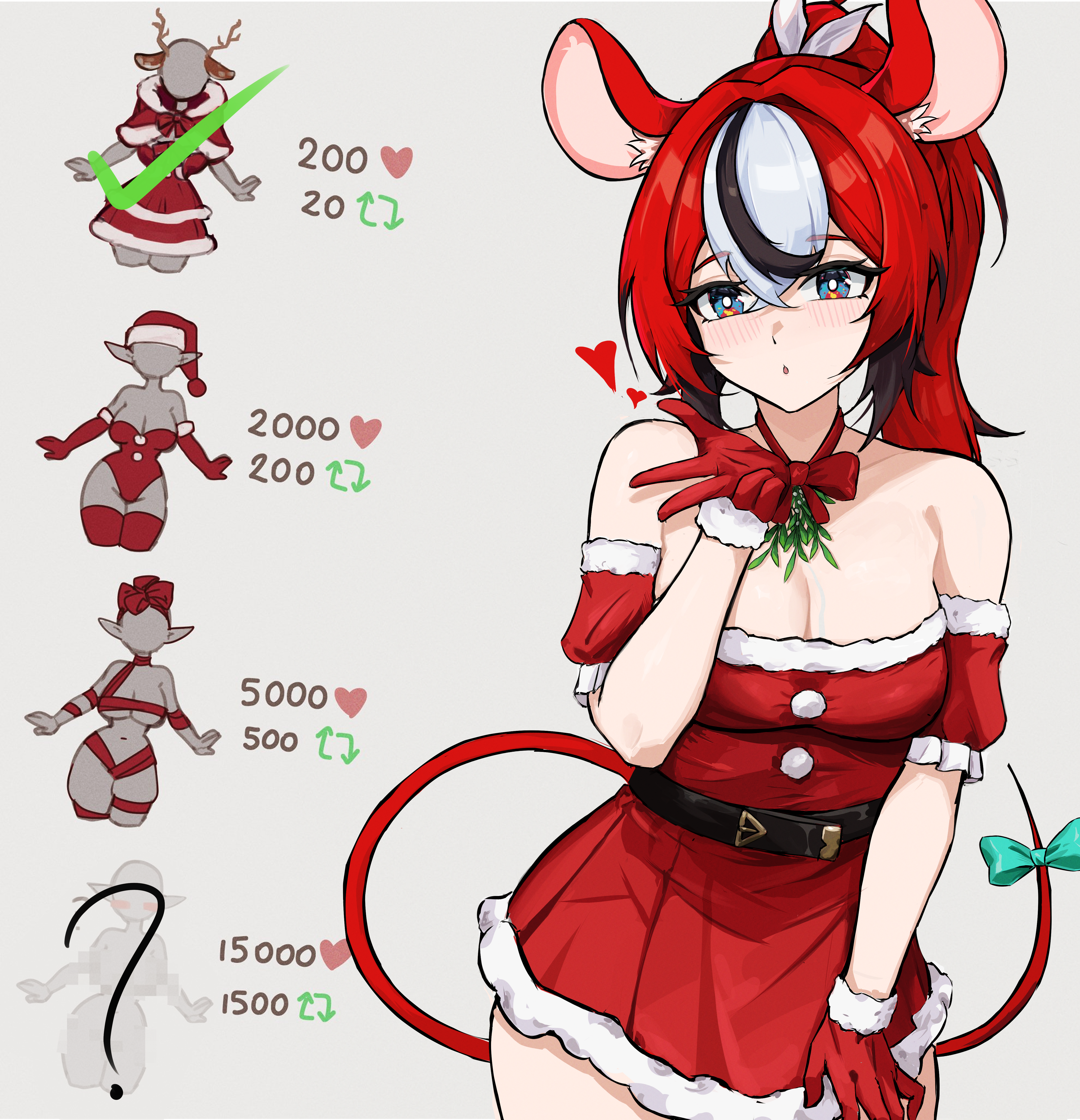 ttsyrene, hakos baelz, hololive, hololive english, absurdres, highres, 1girl, alternate hairstyle, black streaks, blowing kiss, blue bow, blue eyes, blush, bow, breasts, choker, cleavage, dress, fur-trimmed dress, fur-trimmed gloves, fur trim, gloves, like and retweet, long hair, looking at viewer, medium breasts, mouse girl, mouse tail, multicolored hair, red choker, red dress, red hair, solo, streaked hair, tail, tail bow, tail ornament, virtual youtuber, white streaks