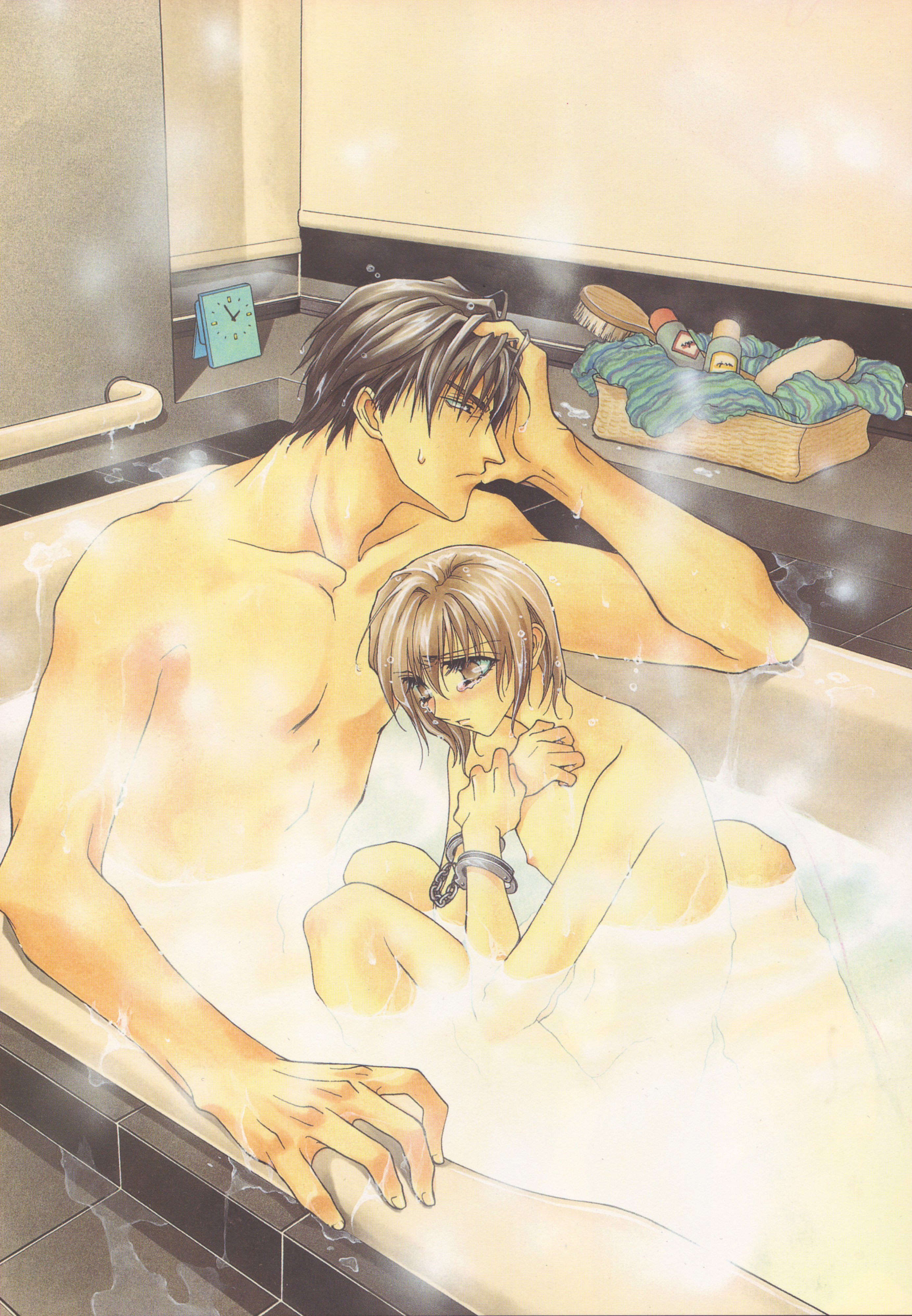 kousaka tooru, tohru kousaka, kanou somuku, somuku kanou, yukiya ayase, no money, okane ga nai, absurdres, highres, 2boys, bath, brown eyes, brown hair, cuffs, male focus, multiple boys, nude, same-sex bathing, shared bathing, short hair, trap, yaoi
