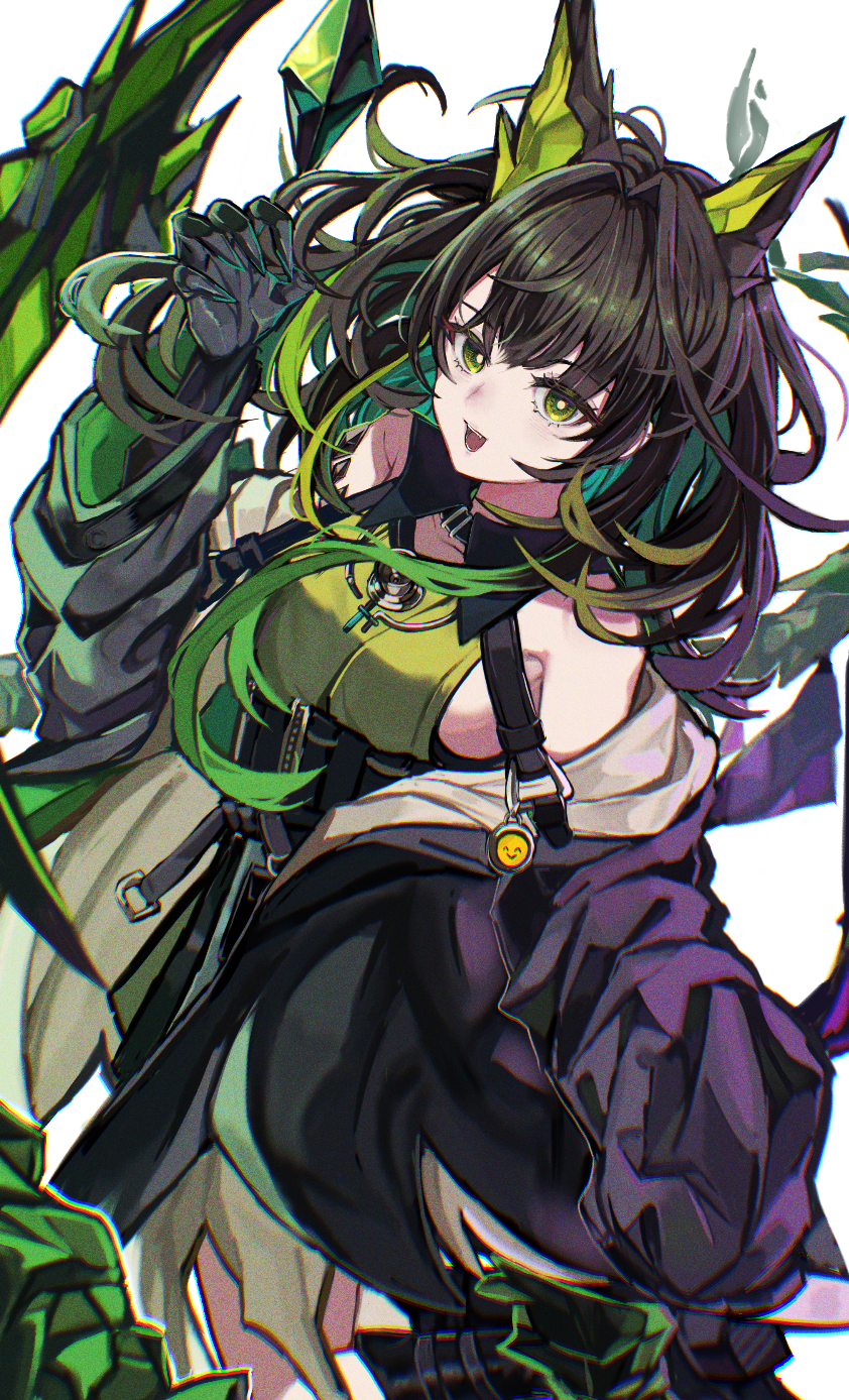 ayahito (aya10n), mon3tr (arknights), arknights, commentary, highres, 1girl, ahoge, bare shoulders, black boots, black claws, black collar, black hair, black jacket, boots, breasts, chromatic aberration, collar, colored inner hair, crystal horns, crystal tail, detached collar, dress, emoji, fangs, green dress, green eyes, green hair, hand up, huge ahoge, jacket, jumping, large breasts, long hair, long sleeves, looking at viewer, material growth, multicolored hair, off shoulder, open clothes, open jacket, open mouth, oripathy lesion (arknights), sideboob, sidelocks, simple background, sleeveless, sleeveless dress, smile, solo, stethoscope, stethoscope around neck, tail, teeth, tongue, two-tone hair, white background, wide sleeves