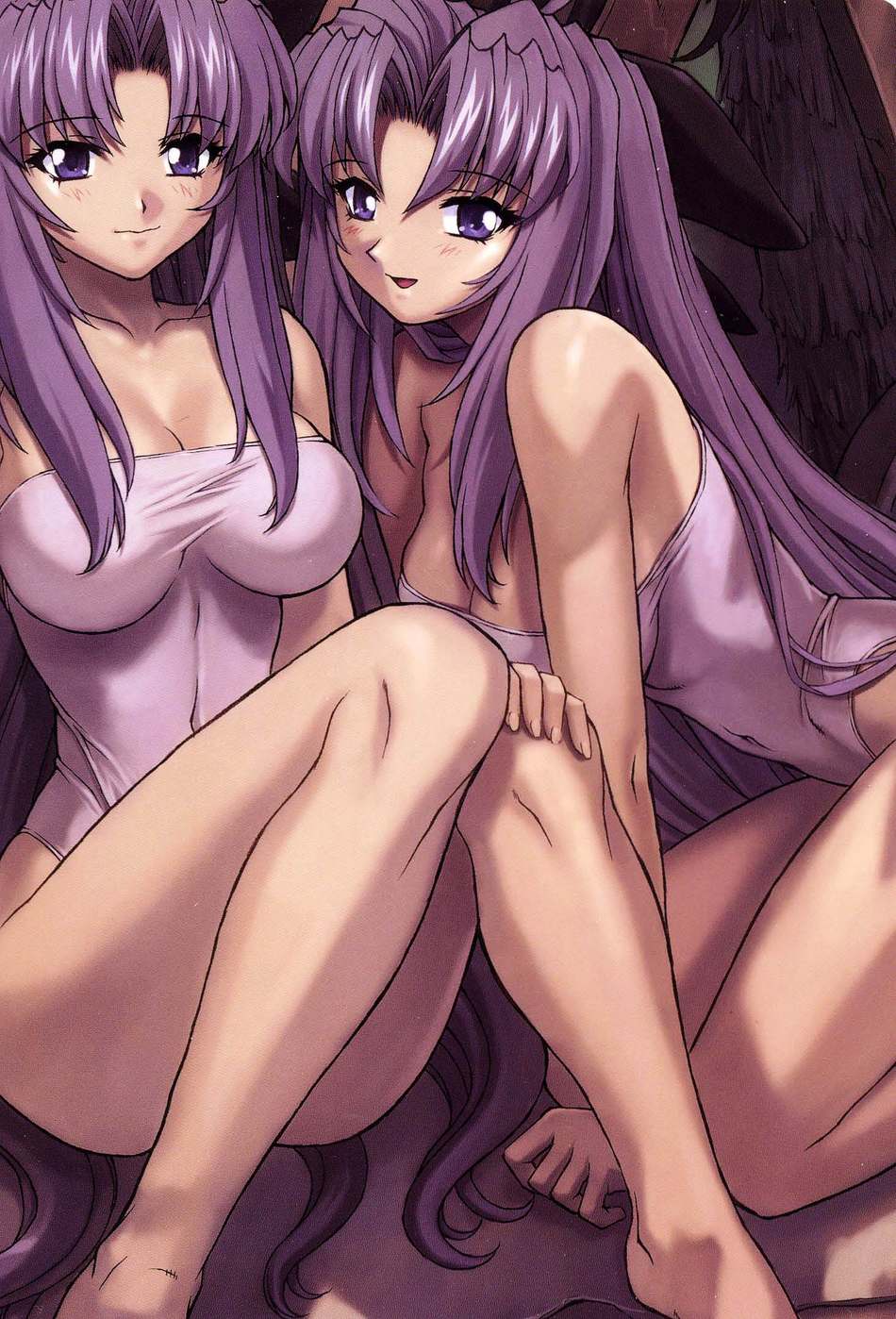 mogudan, natalie (scrapped princess), zefiris, scrapped princess, highres, tagme, 00s, 2girls, bare shoulders, blush, breasts, female focus, large breasts, long hair, multiple girls, open mouth, parted bangs, purple eyes, purple hair, smile, swimsuit
