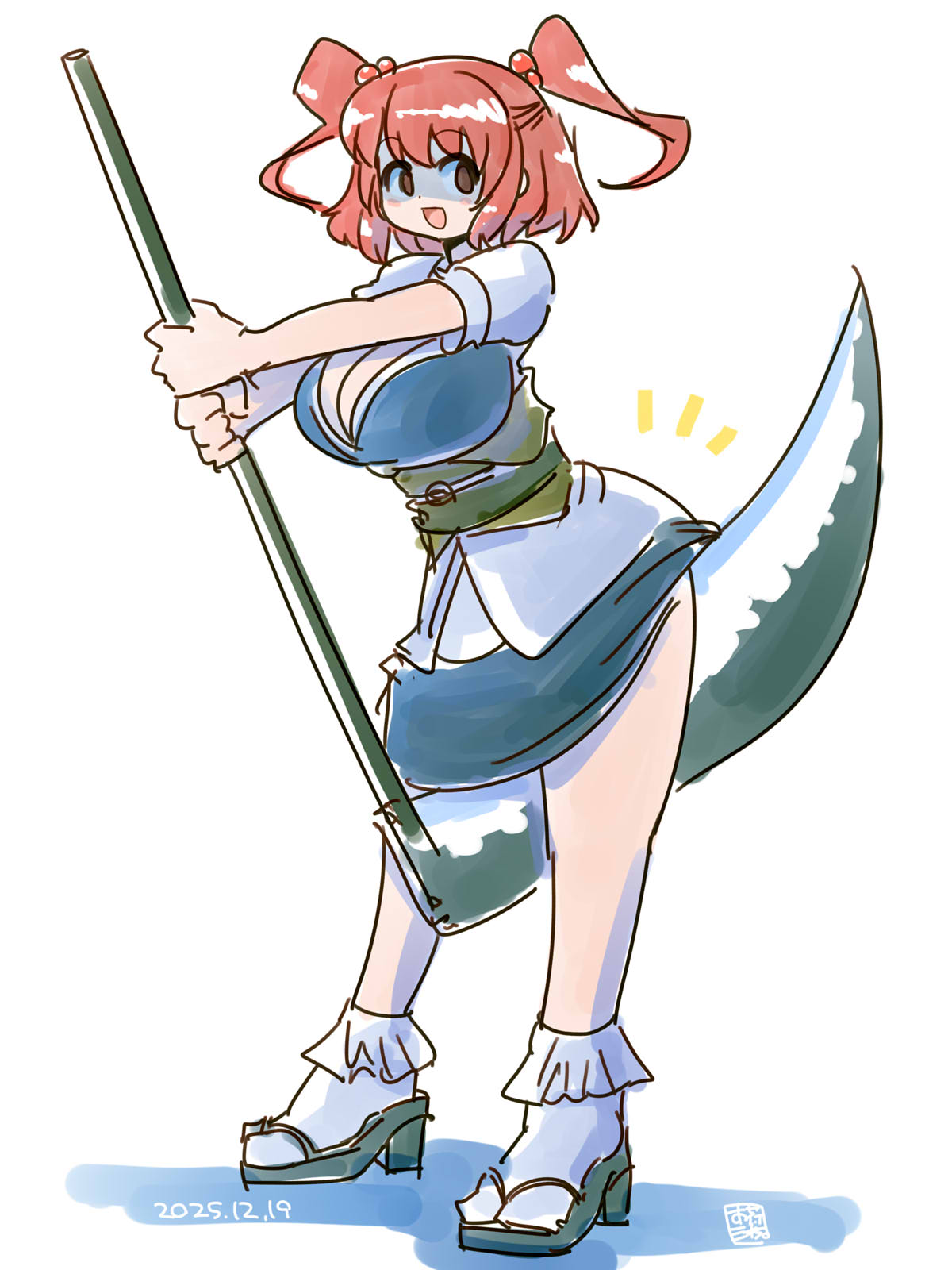 itini-sanshi, onozuka komachi, shishou (cookie), cookie (touhou), touhou, commentary request, highres, 1girl, :d, black sandals, black sash, blue dress, blush, breasts, brown eyes, cleavage, dated, dress, full body, hair bobbles, hair ornament, holding, holding scythe, large breasts, looking at viewer, obi, open mouth, red hair, sandals, sash, scythe, shaded face, shirt, short hair, short sleeves, simple background, smile, socks, solo, standing, two side up, white background, white shirt, white socks