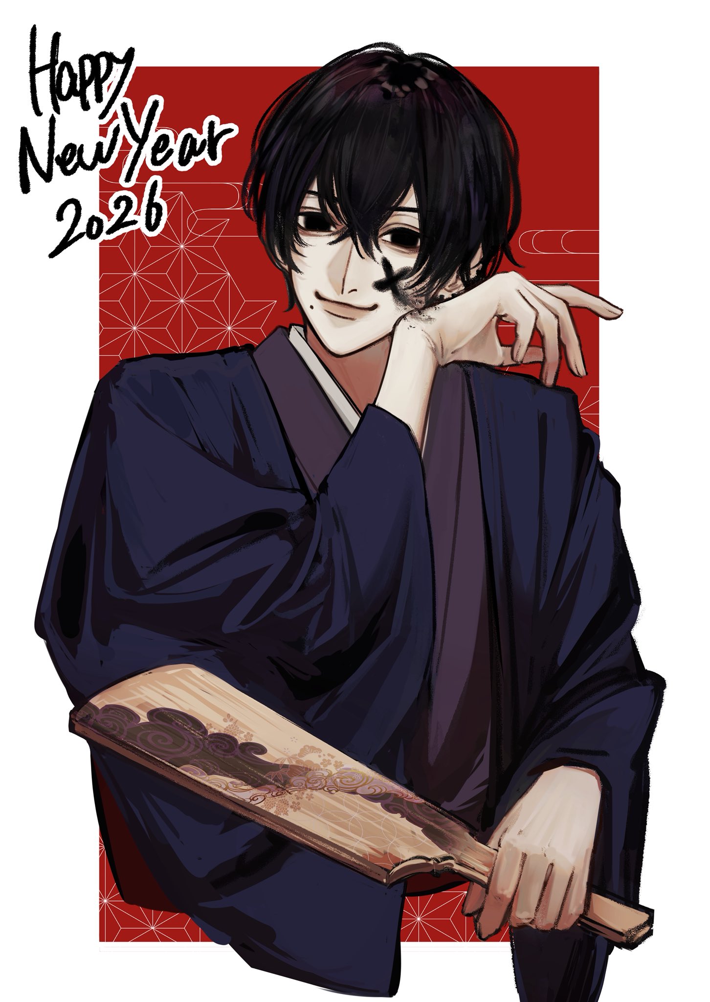 yoshida hirofumi, chainsaw man, commentary request, highres, 1boy, 2026, black eyes, black hair, blue kimono, closed mouth, cropped torso, crossed bangs, earrings, hagoita, hair between eyes, hand up, happy new year, holding, japanese clothes, jewelry, kimono, long sleeves, male focus, mole, mole under mouth, new year, obi, ong full, paddle, red sash, sash, short hair, smile, solo, wide sleeves, wiping face