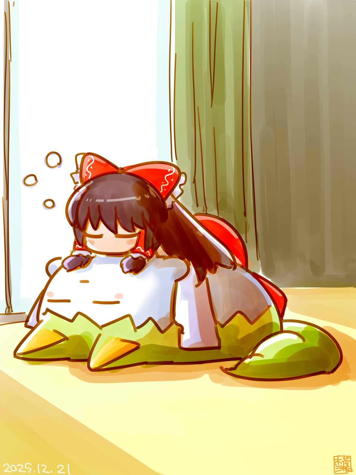 itini-sanshi, daiyousei, diyusi (cookie), hakurei reimu, hotaruda (cookie), sukusuku hakutaku, cookie (touhou), touhou, commentary request, highres, 1girl, black hair, bow, closed eyes, curtains, dated, frilled hair tubes, frills, full body, hair bow, hair tubes, indoors, long hair, red bow, sleeping, solo, squeans