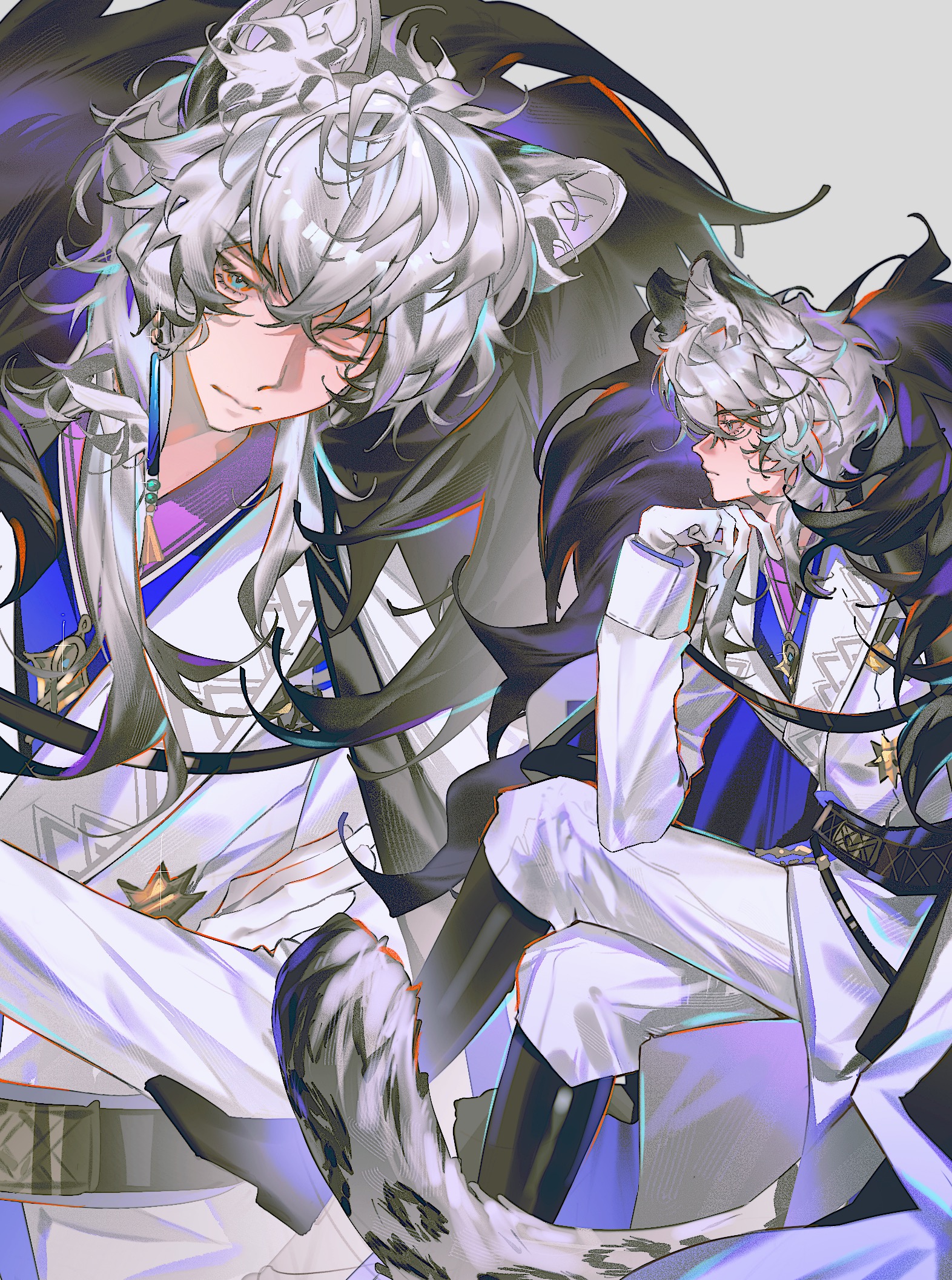 zenmedoubeizha, silverash (arknights), silverash the reignfrost (arknights), arknights, highres, 1boy, animal ear fluff, belt, bishounen, black boots, black cape, boots, cape, closed mouth, gloves, grey background, grey hair, hair between eyes, hand on own chin, jacket, knee boots, long sleeves, looking at viewer, male focus, multiple views, one eye closed, pants, profile, sitting, snow leopard boy, snow leopard ears, snow leopard tail, white gloves, white jacket, white pants