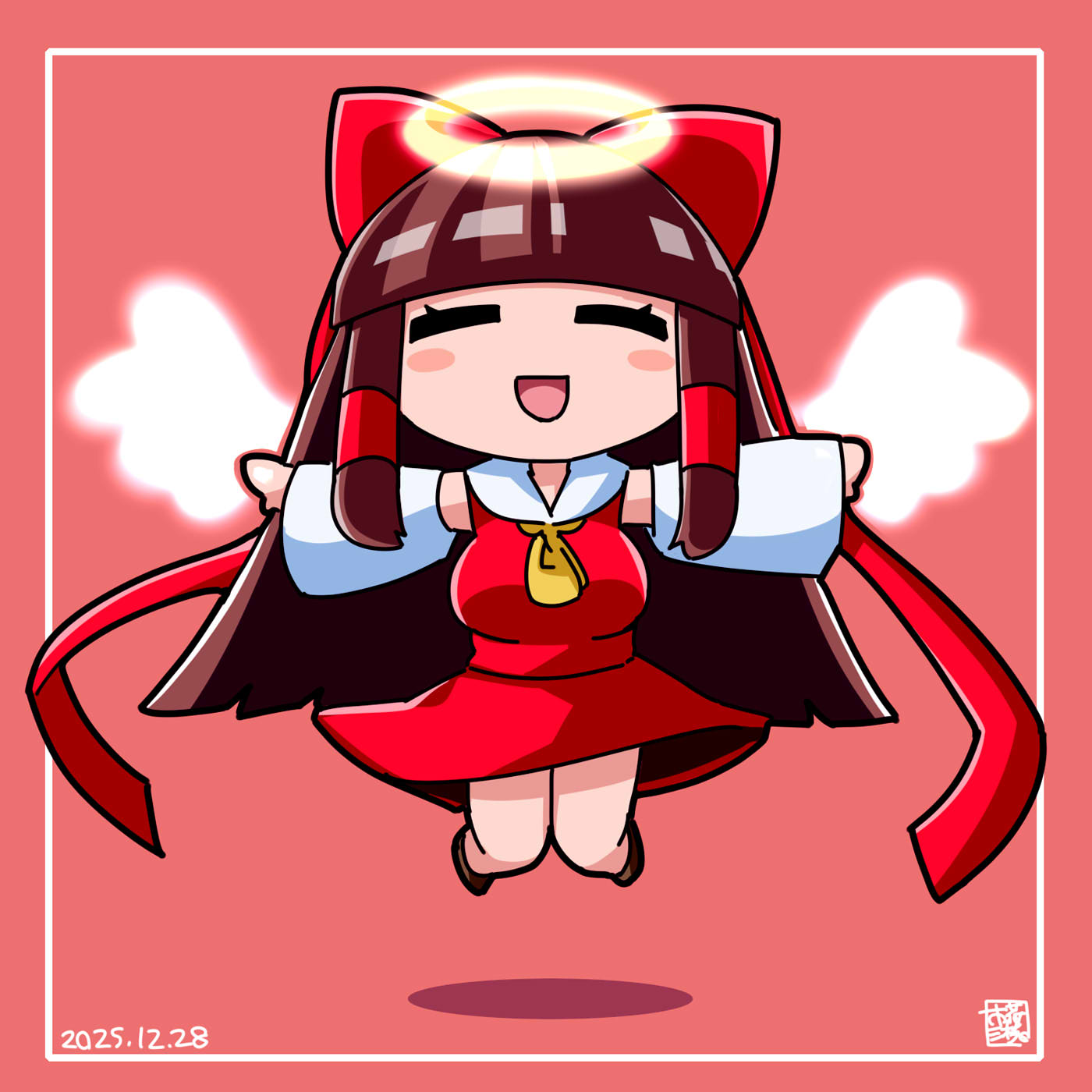 itini-sanshi, hakurei reimu, yamasaka aimi, cookie (touhou), touhou, commentary request, highres, 1girl, ascot, blunt bangs, blush stickers, bow, brown hair, chibi, chibi only, closed eyes, dated, detached sleeves, full body, hair bow, hair tubes, halo, jumping, long hair, open mouth, red background, red bow, red shirt, red skirt, shirt, sidelocks, skirt, skirt set, sleeveless, sleeveless shirt, smile, solo, traditional halo, white sleeves, yellow ascot, yellow halo