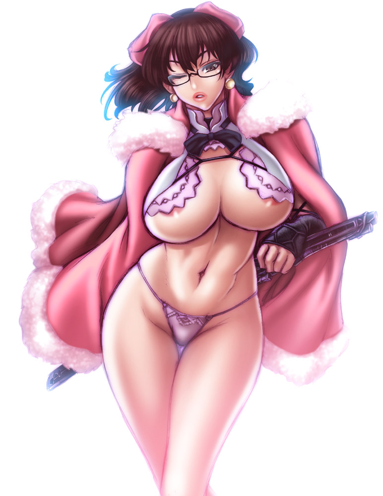 chiba toshirou, sekigan juu mitsuyoshi, character request, 1girl, abs, areola slip, bow, breasts, brown eyes, brown hair, contrapposto, curvy, earrings, female focus, g-string, glasses, groin, hair bow, hair ribbon, highleg, highleg panties, hip focus, huge breasts, jewelry, large breasts, lips, midriff, navel, nipple slip, nipples, one eye closed, panties, ponytail, ribbon, solo, standing, thigh gap, thighs, thong, toned, toned female, underboob, underwear, weapon, wide hips, wings, wink