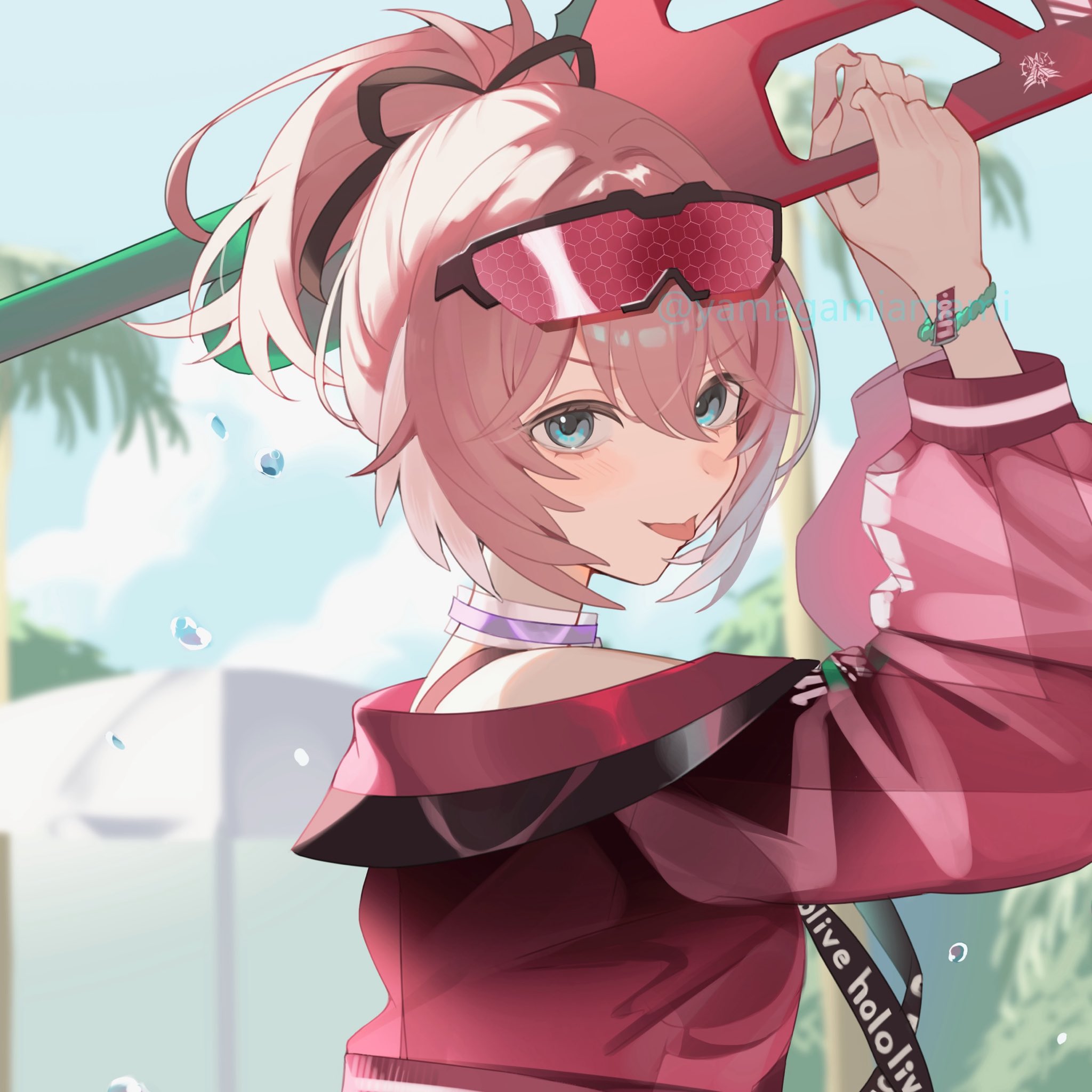 yamagamiamami, takane lui, takane lui (holonatsu paradise), hololive, commentary request, highres, 1girl, blue eyes, day, eyewear on head, hair between eyes, jacket, looking at viewer, official alternate costume, official alternate hairstyle, outdoors, pink hair, ponytail, smile, solo, tongue, tongue out, twitter username, virtual youtuber, water gun
