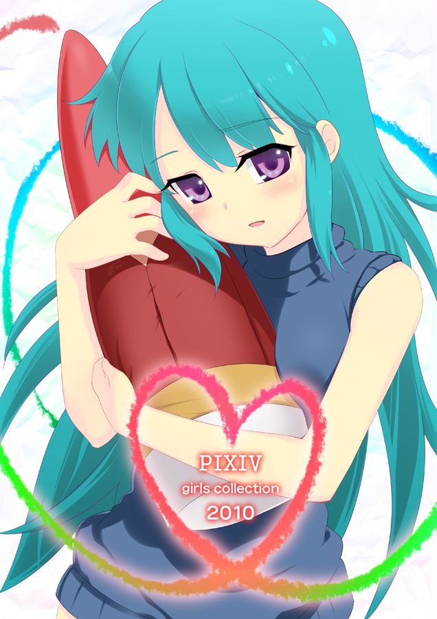 zpolice, oekaki musume, original, bad id, bad pixiv id, 1girl, female focus, green hair, long hair, purple eyes, sleeveless, sleeveless turtleneck, solo, turtleneck