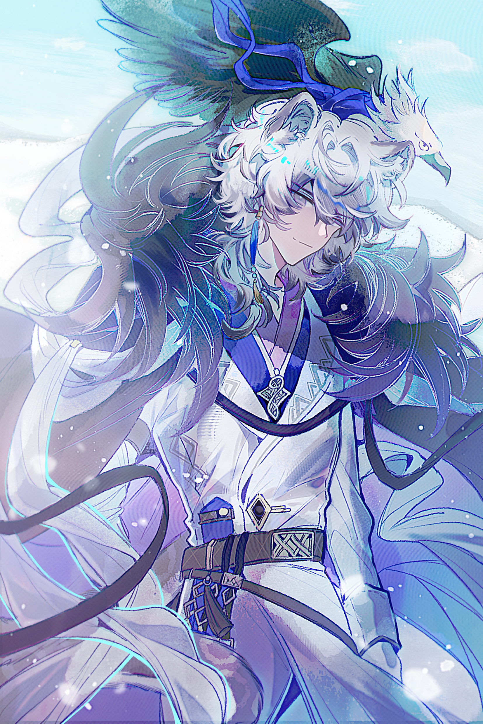 silverash (arknights), silverash the reignfrost (arknights), arknights, absurdres, highres, 1boy, animal, animal ear fluff, belt, bird, black cape, cape, closed mouth, cowboy shot, eagle, grey eyes, grey hair, hair between eyes, jacket, long sleeves, looking at viewer, male focus, sky, smile, snow leopard boy, snow leopard ears, solo, white jacket, yecai baozi