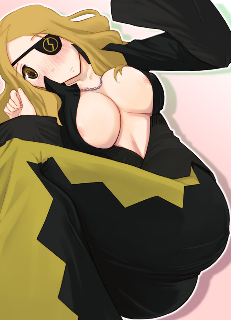 katatsuka kouji, marie mjolnir, soul eater, 00s, blonde hair, blush, breasts, cleavage, eyepatch, yellow eyes