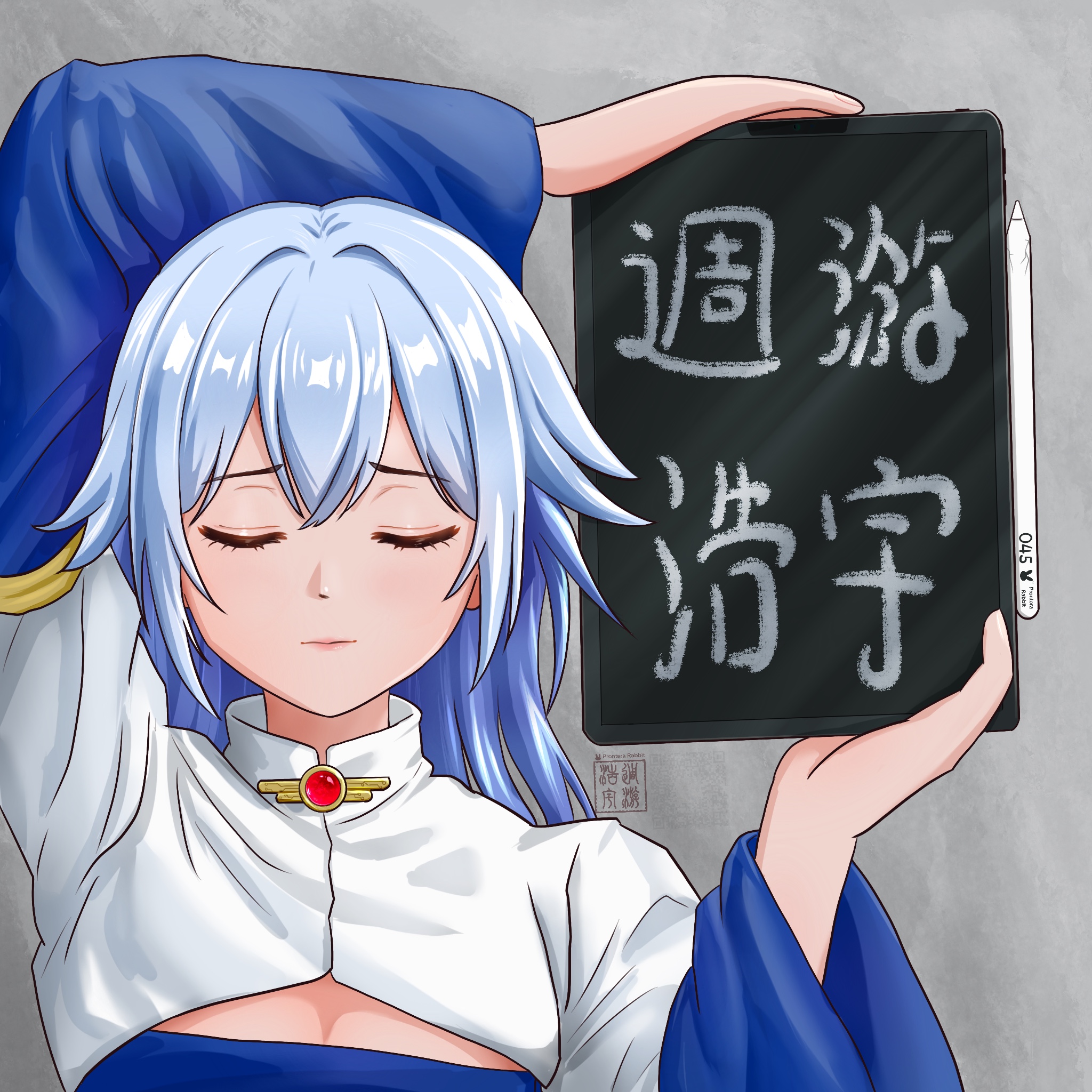 zhou you, arch bishop (ragnarok online), ragnarok online, commentary, english commentary, highres, translation request, 1girl, arms up, blue dress, cleavage cutout, closed eyes, closed mouth, clothing cutout, drawing tablet, dress, grey background, holding, holding drawing tablet, long sleeves, pen, solo, two-tone dress, upper body, white dress