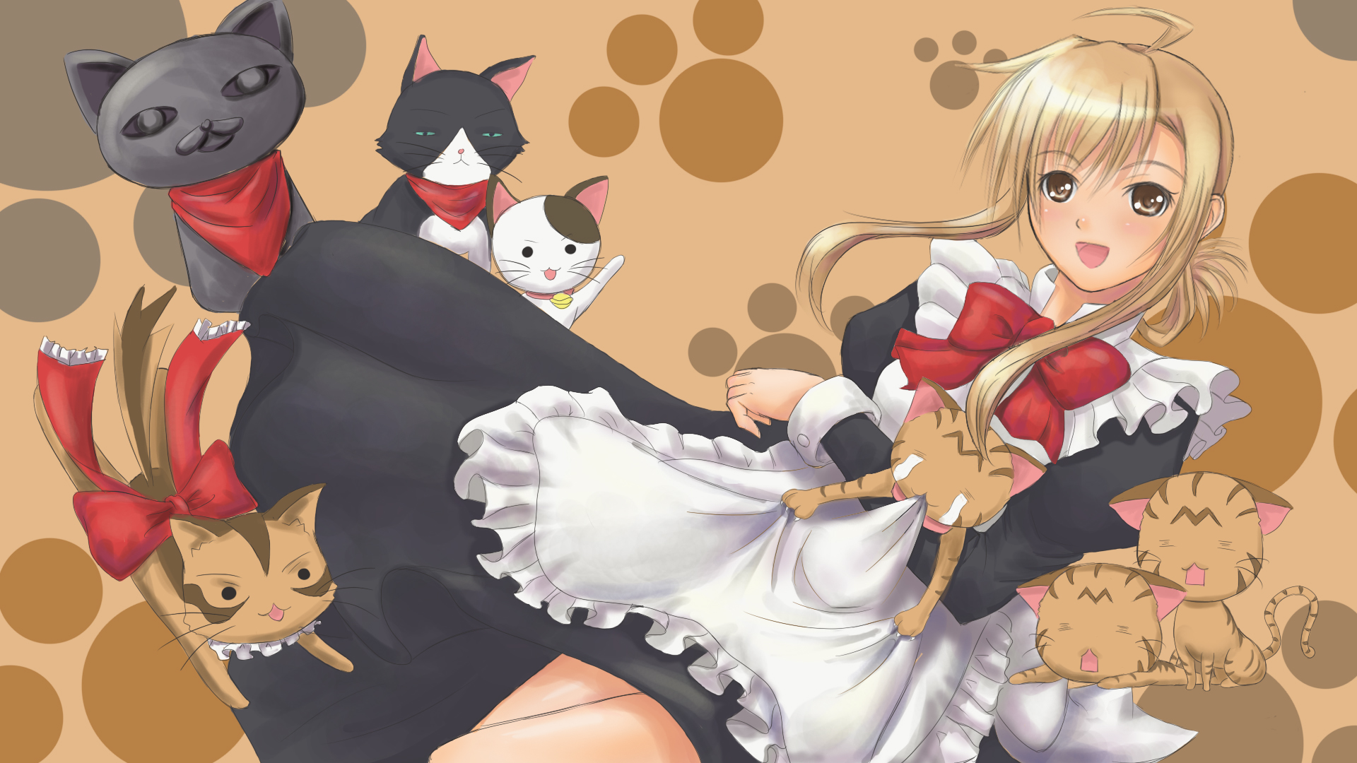 sola (artist), sola (sola04), josephine (nyan koi), mizuno kaede, nyamsas, tama (nyan koi), nyan koi!, bad id, bad pixiv id, highres, 00s, 1girl, = =, ahoge, blonde hair, bow, brown eyes, cat, female focus, maid, mouth hold, neckerchief, smile, solo, statue, tears, yellow eyes