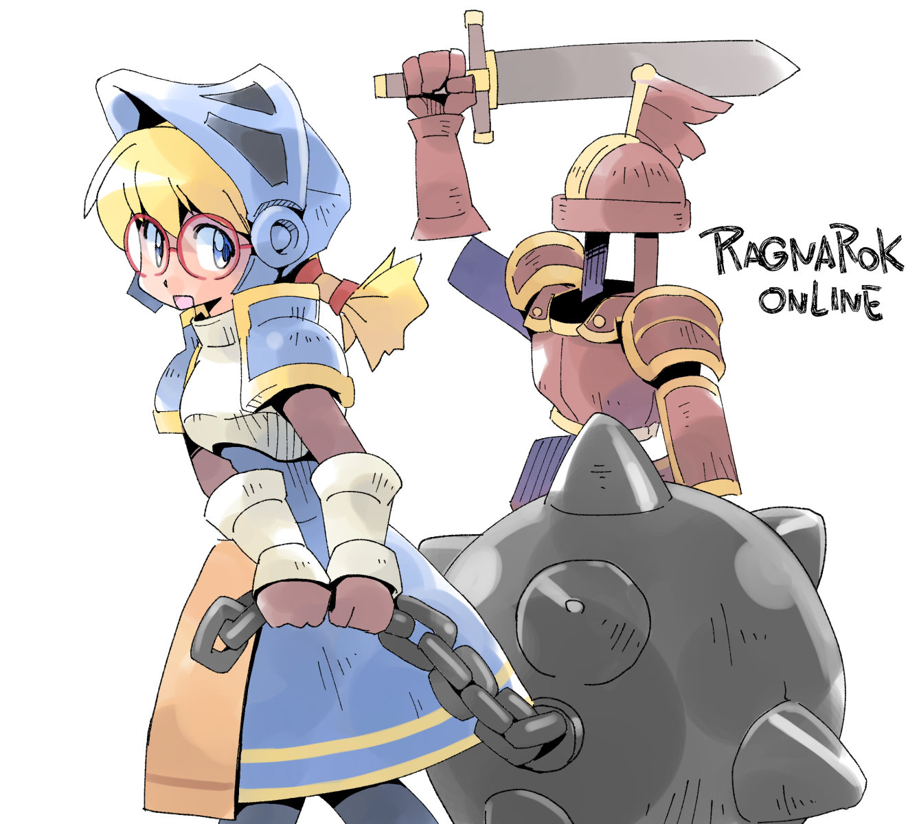 masuki, crusader (ragnarok online), raydric, ragnarok online, commentary request, highres, 1girl, armor, ball and chain (weapon), blonde hair, blue dress, blue eyes, breastplate, cowboy shot, dress, glasses, holding, holding sword, holding weapon, huge weapon, living armor, looking at viewer, open mouth, pauldrons, red-framed eyewear, short hair, shoulder armor, simple background, smile, solo, spiked ball and chain, sword, visor (armor), weapon, white background
