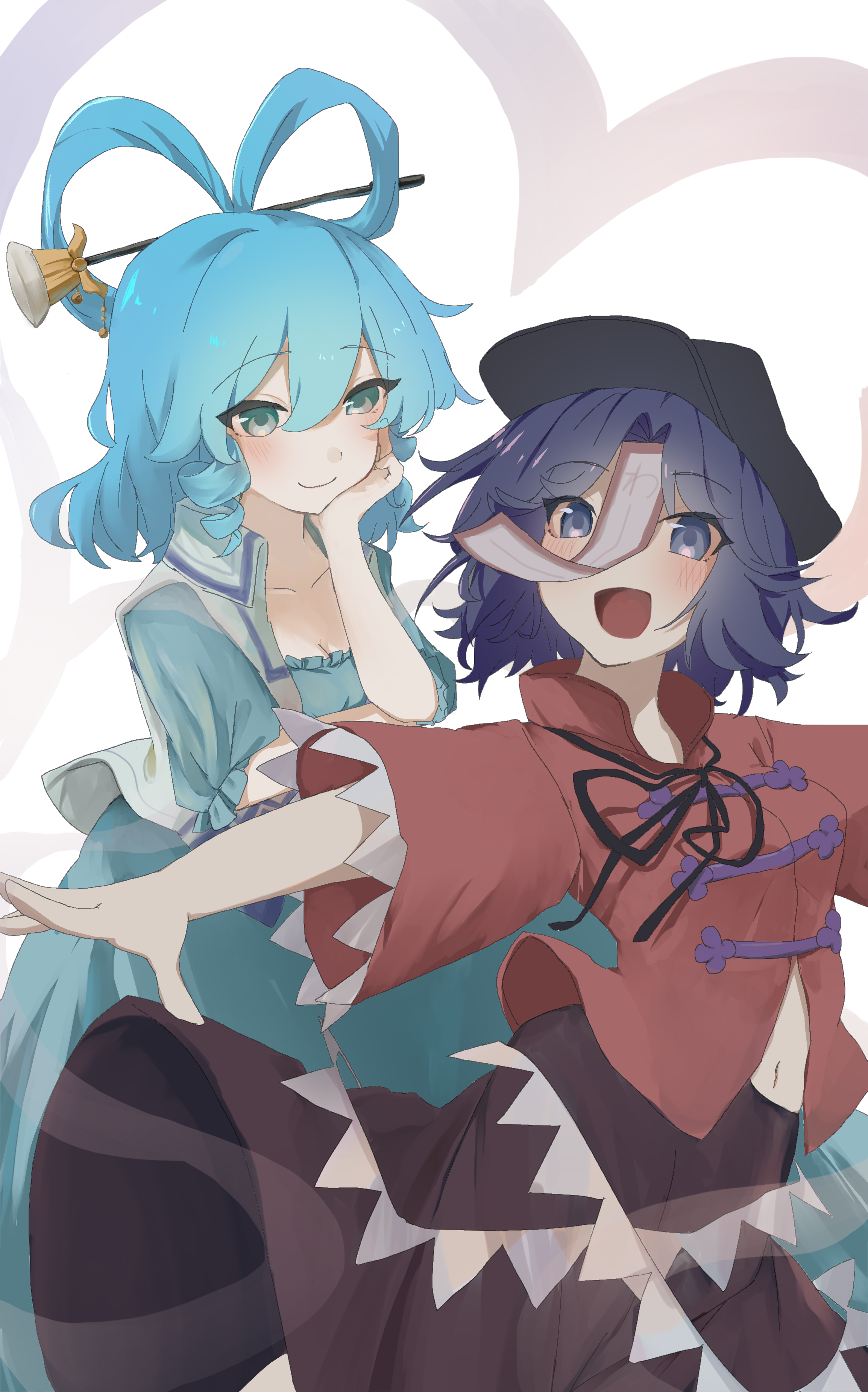 kaku seiga, miyako yoshika, touhou, absurdres, commentary request, highres, 2girls, :d, black ribbon, black skirt, blue dress, blue eyes, blue hair, breasts, chinese clothes, collared vest, cowboy shot, dress, drill hair, drill sidelocks, hagoromo, hair ornament, hair rings, hair stick, hand on own cheek, hand on own face, hat, jiangshi, kouten, looking at viewer, medium breasts, multiple girls, neck ribbon, newsboy cap, ofuda, open clothes, open mouth, open vest, purple eyes, purple hair, red shirt, ribbon, shawl, shirt, short hair, short sleeves, sidelocks, simple background, skirt, smile, tangzhuang, vest, white background, white vest