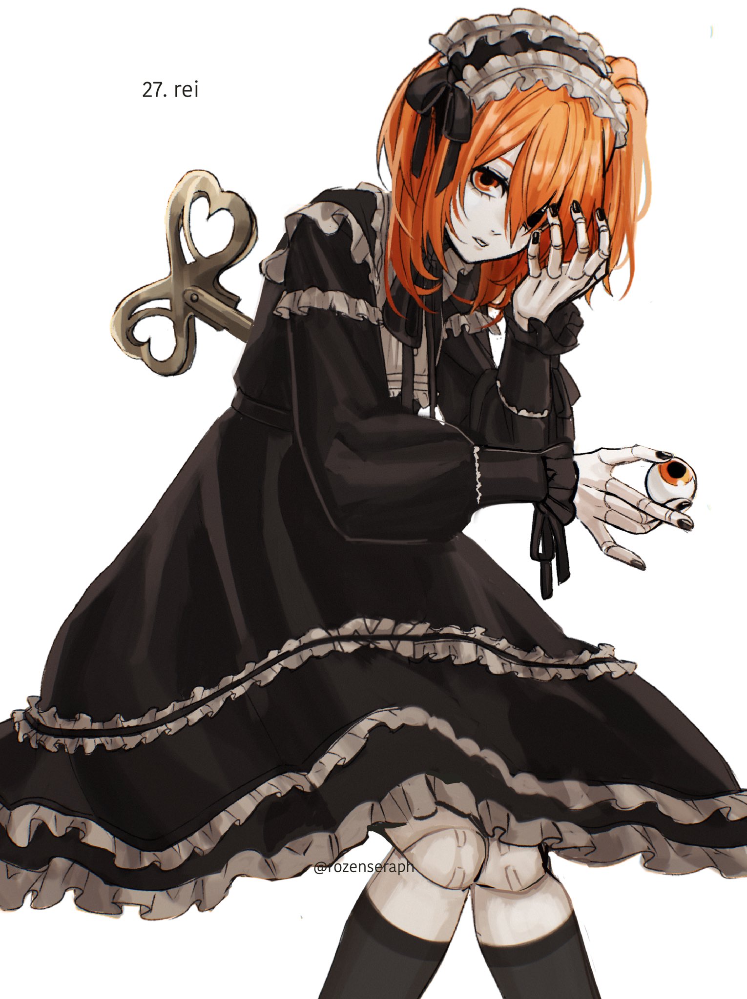 adachi rei, a.i. voice, utau, commentary, english commentary, highres, 1girl, alternate costume, character name, doll joints, dress, eye socket, eyeball, frilled dress, frills, gothic lolita, hairband, hand up, holding, holding eyeball, invisible chair, joints, lolita fashion, lolita hairband, long hair, long sleeves, looking at viewer, nail polish, one side up, orange eyes, orange hair, parted lips, rozenseraph, sitting, socks, solo, twitter username, winding key