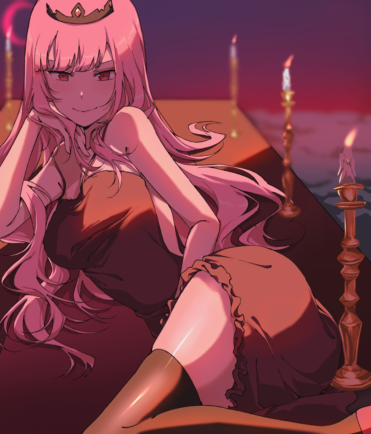 fatpenguinz, mori calliope, hololive, commentary, hashtag-only commentary, highres, 1girl, ass, black tiara, breasts, candle, candlestand, closed mouth, dress, hand on own face, large breasts, long hair, looking at viewer, lying, on side, on table, pink eyes, pink hair, smile, solo, table, thick thighs, thighhighs, thighs, tiara, virtual youtuber