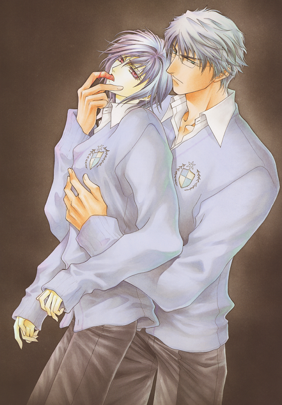 kousaka tooru, tohru kousaka, okane ga nai, original, 2boys, black hair, blood, male focus, multiple boys, purple eyes, school uniform, yaoi