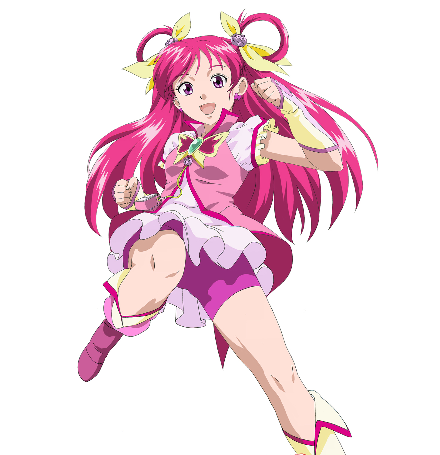 nsxnewver, cure dream, yumehara nozomi, precure, yes! precure 5, highres, 00s, 1girl, :d, bike shorts, bike shorts under skirt, eyelashes, female focus, hair rings, magical girl, open mouth, pink hair, pink shorts, pink theme, shorts, shorts under skirt, smile, solo, twintails, white background