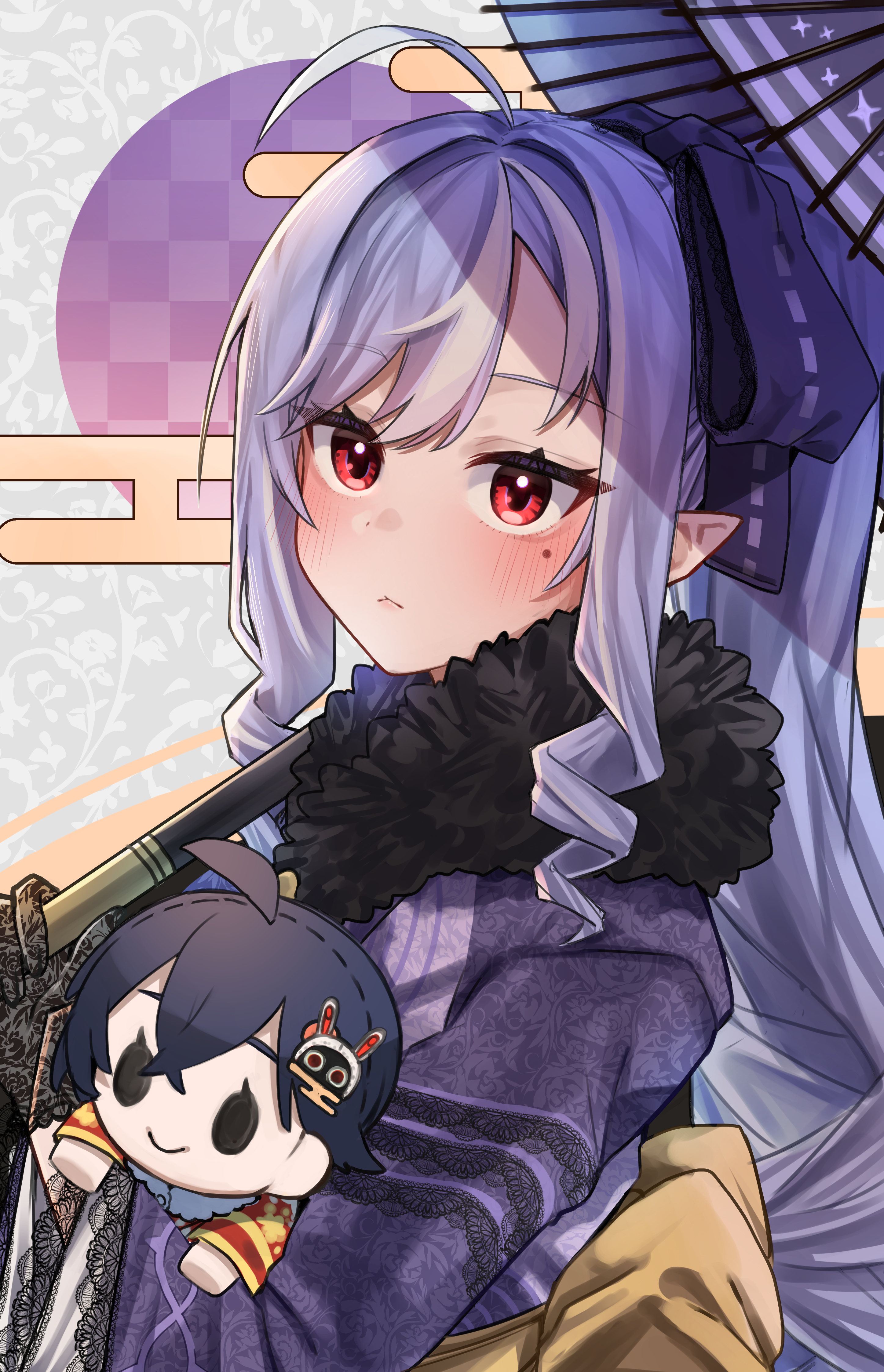 yozakurayuyu, belle (zenless zone zero), vivian banshee, zenless zone zero, absurdres, commentary request, highres, 1girl, ahoge, black gloves, character doll, closed mouth, doll, gloves, hair between eyes, holding, holding stuffed toy, holding umbrella, japanese clothes, kimono, long hair, long sleeves, oil-paper umbrella, pointy ears, ponytail, purple hair, purple kimono, red eyes, solo, stuffed animal, stuffed toy, umbrella, very long hair, wide sleeves