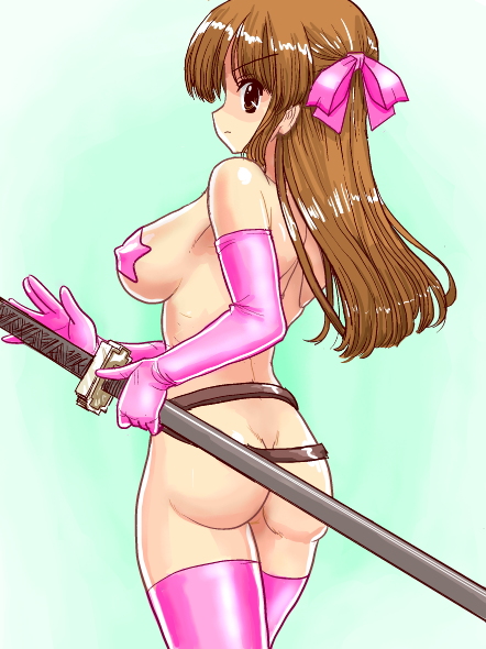 mono (moiky), 95-tan, 1girl, ass, breasts, brown eyes, brown hair, elbow gloves, female focus, gloves, long hair, looking back, nude, pasties, solo, star (symbol), star pasties, sword, thighhighs, weapon